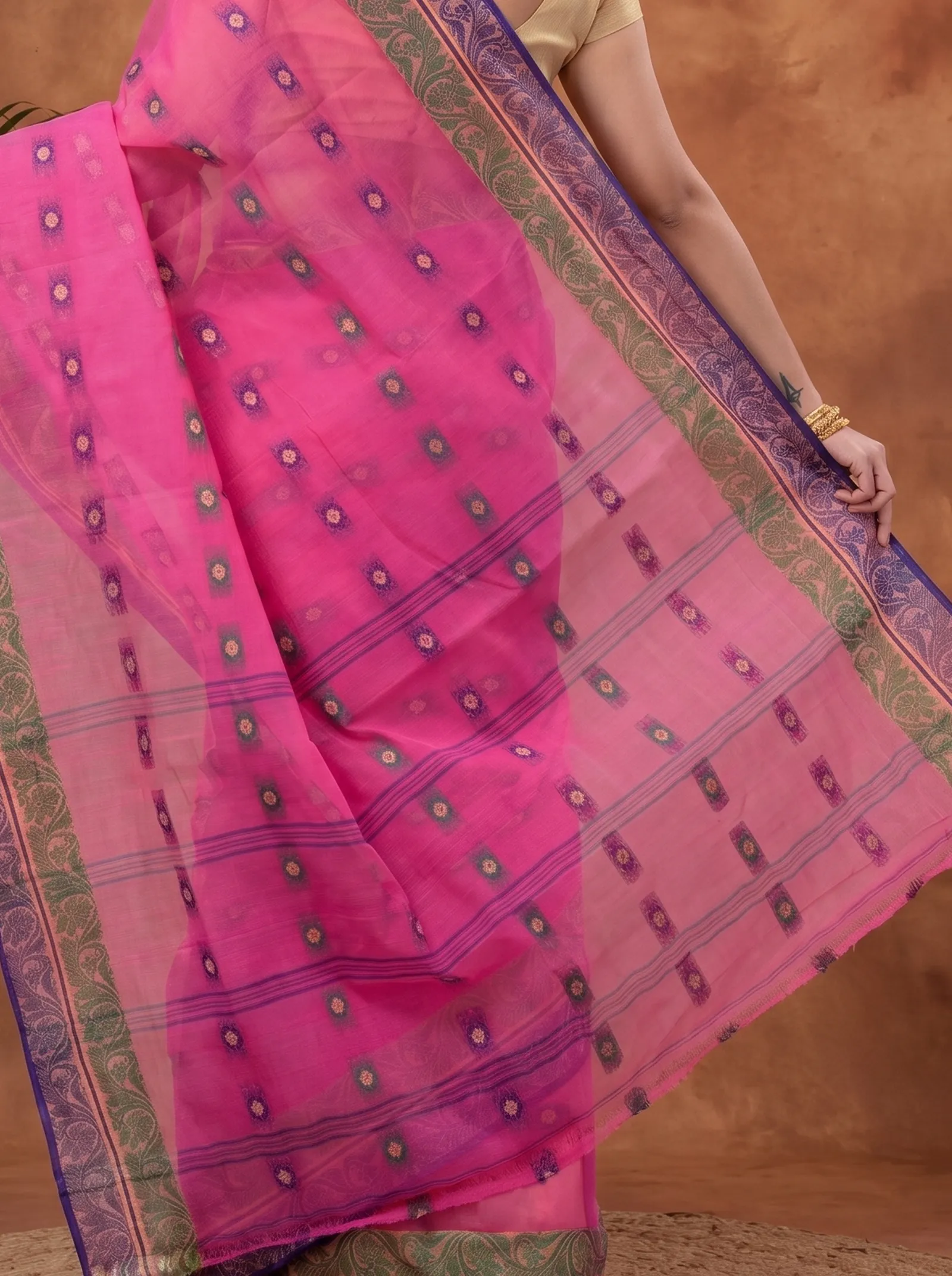 DipDiya Pure Cotton  Traditional Bengali Pink Artisan Crafted Pushti Desiging Tant Saree
