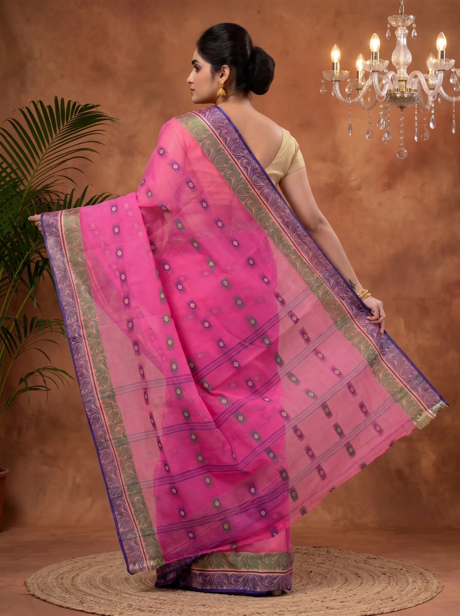 DipDiya Pure Cotton  Traditional Bengali Pink Artisan Crafted Pushti Desiging Tant Saree