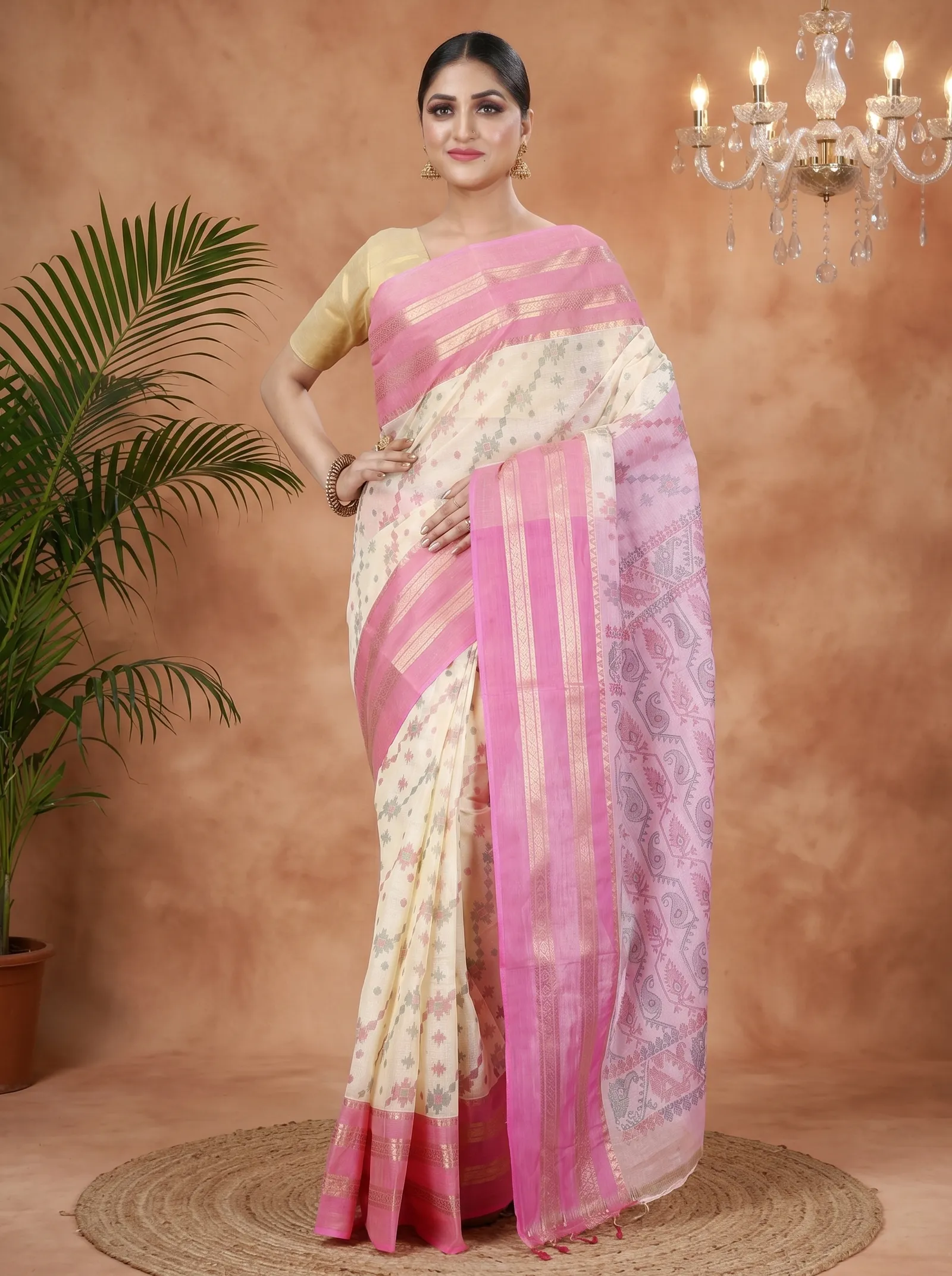 DipDiya Pure Cotton  Traditional Bengali Pink Artisan Crafted Rashi Print Printed Tant Saree