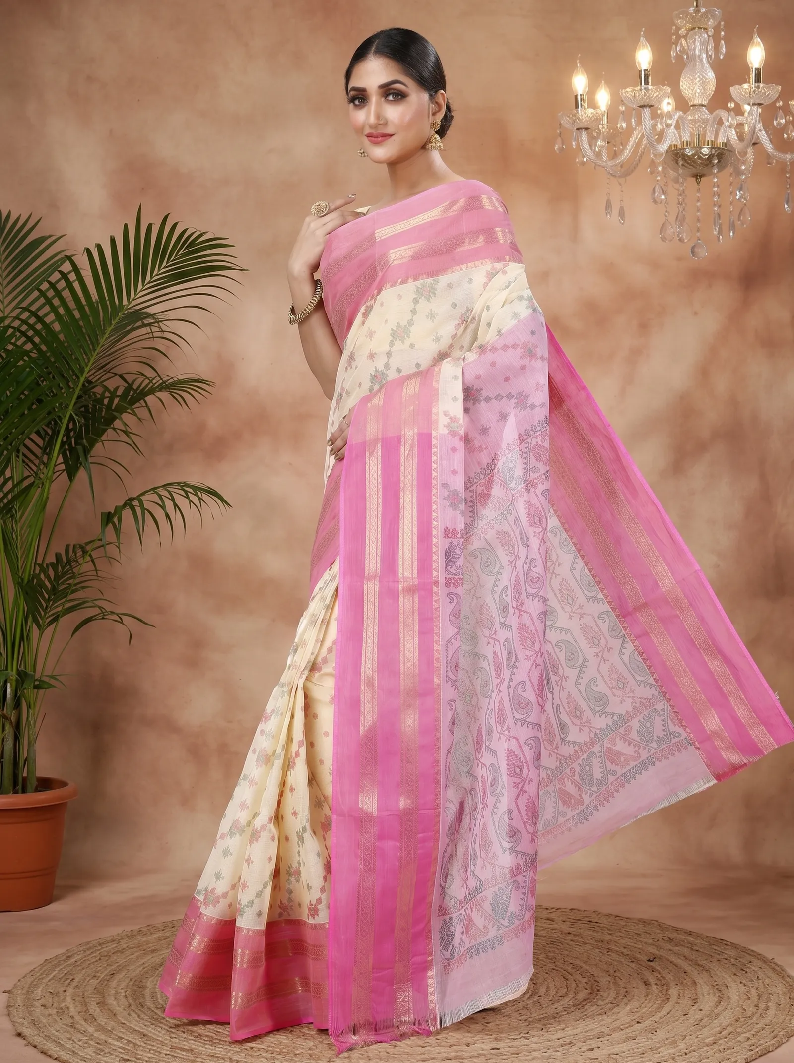 DipDiya Pure Cotton  Traditional Bengali Pink Artisan Crafted Rashi Print Printed Tant Saree