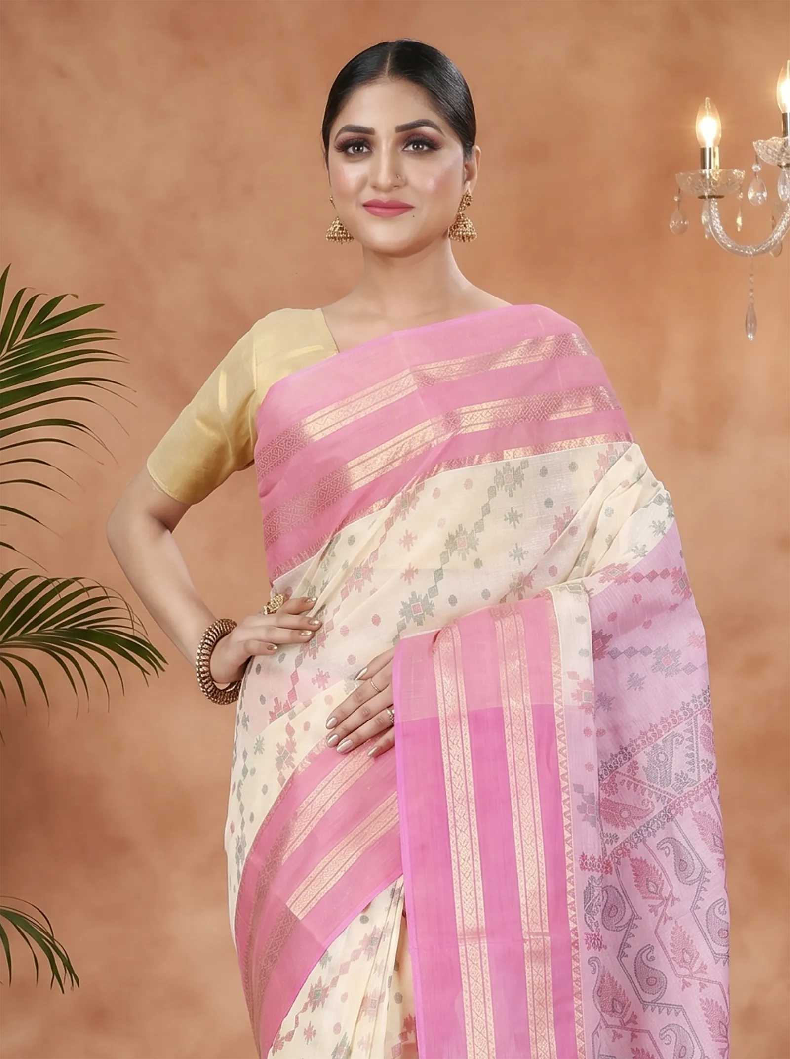 DipDiya Pure Cotton  Traditional Bengali Pink Artisan Crafted Rashi Print Printed Tant Saree