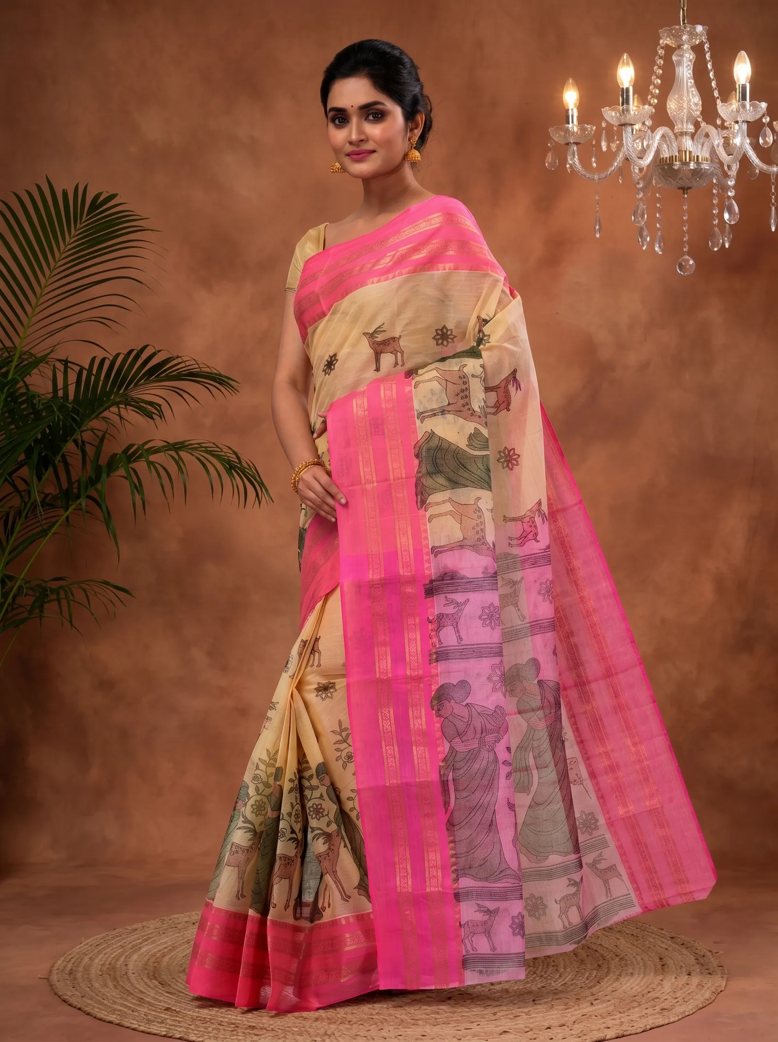 DipDiya Pure Cotton  Traditional Bengali Pink Artisan Crafted Sakuntala Printed Tant Saree