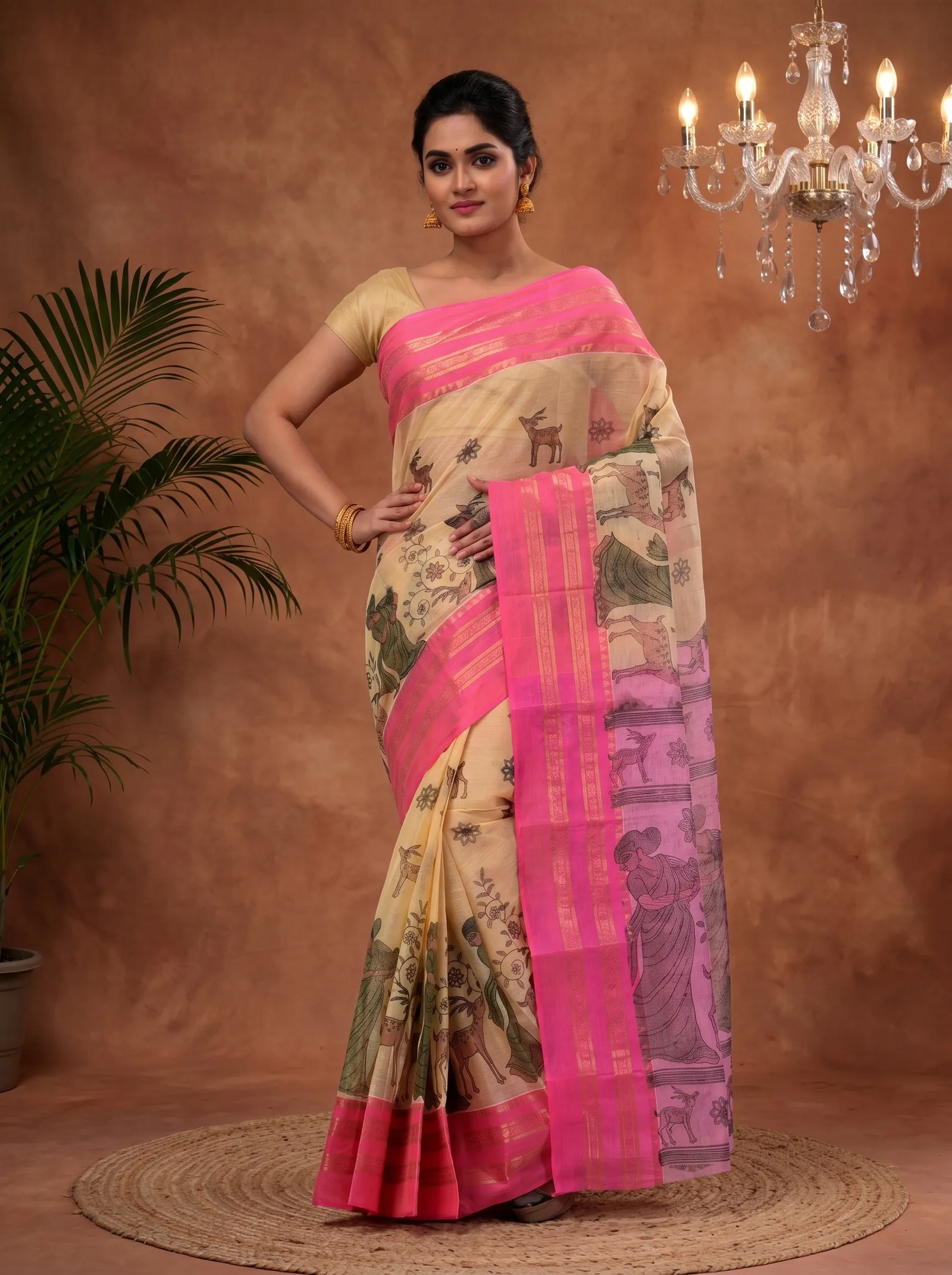 DipDiya Pure Cotton  Traditional Bengali Pink Artisan Crafted Sakuntala Printed Tant Saree