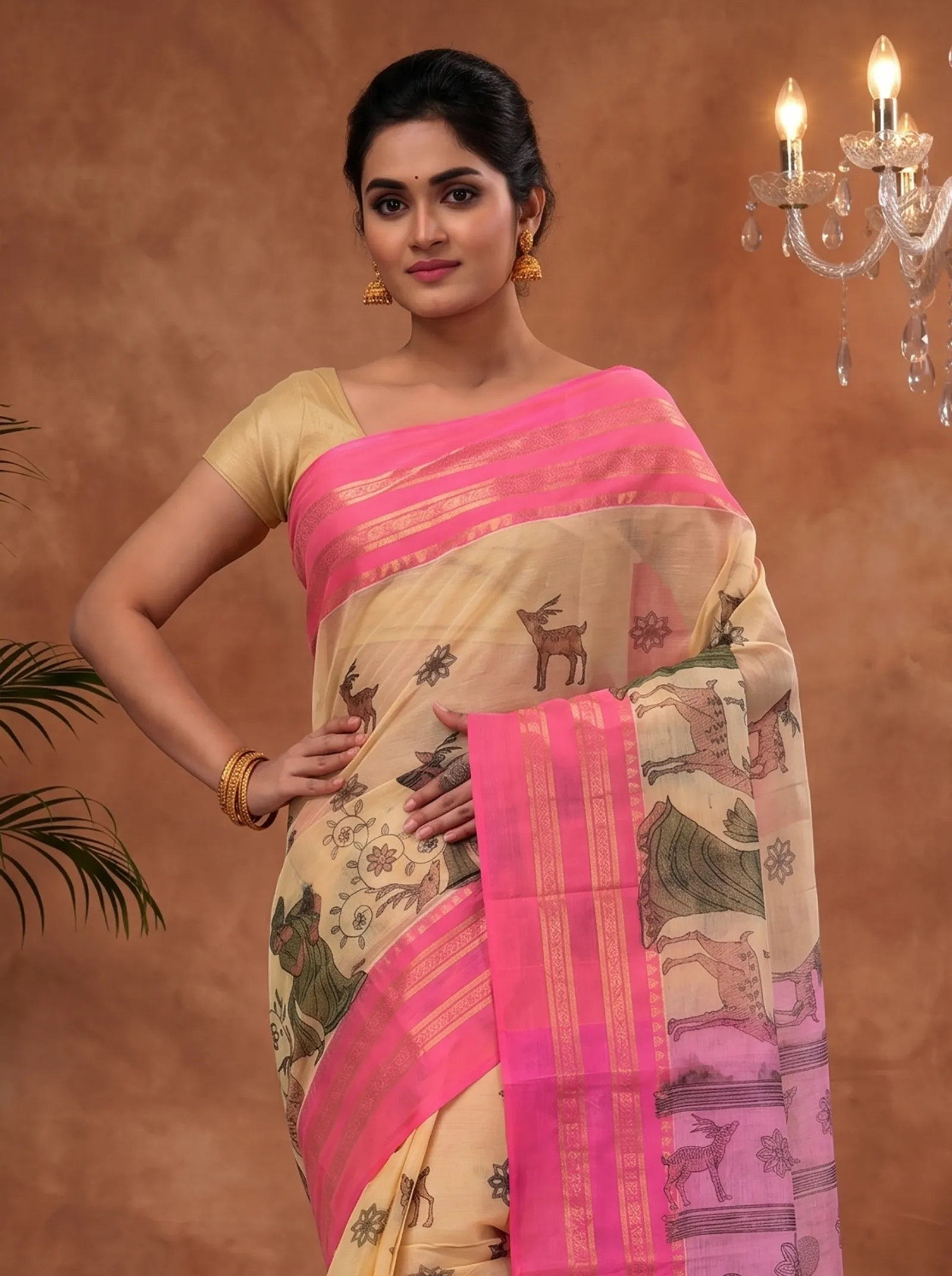 DipDiya Pure Cotton  Traditional Bengali Pink Artisan Crafted Sakuntala Printed Tant Saree