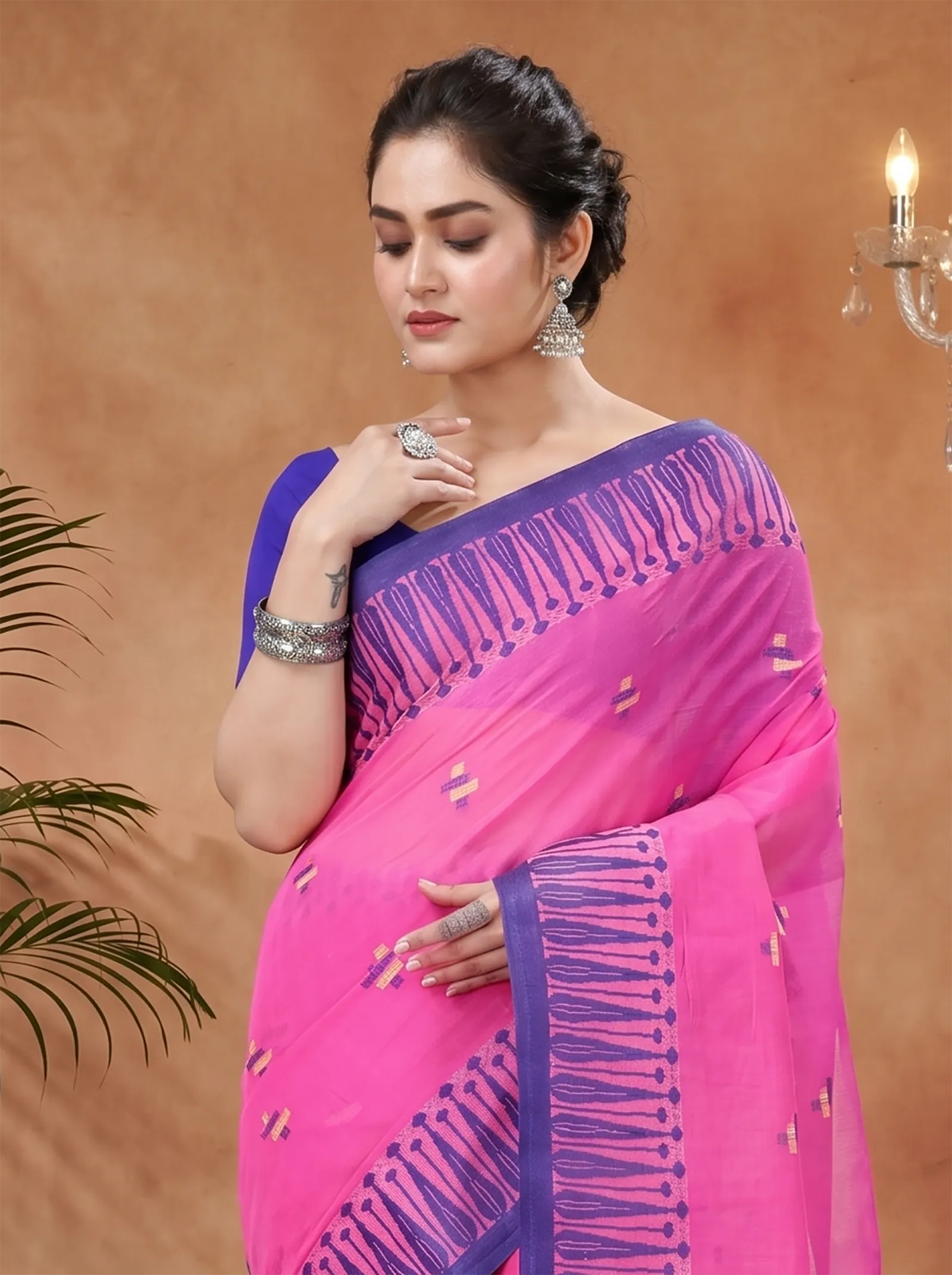 DipDiya Pure Cotton  Traditional Bengali Pink Artisan Crafted Simar Tant Saree