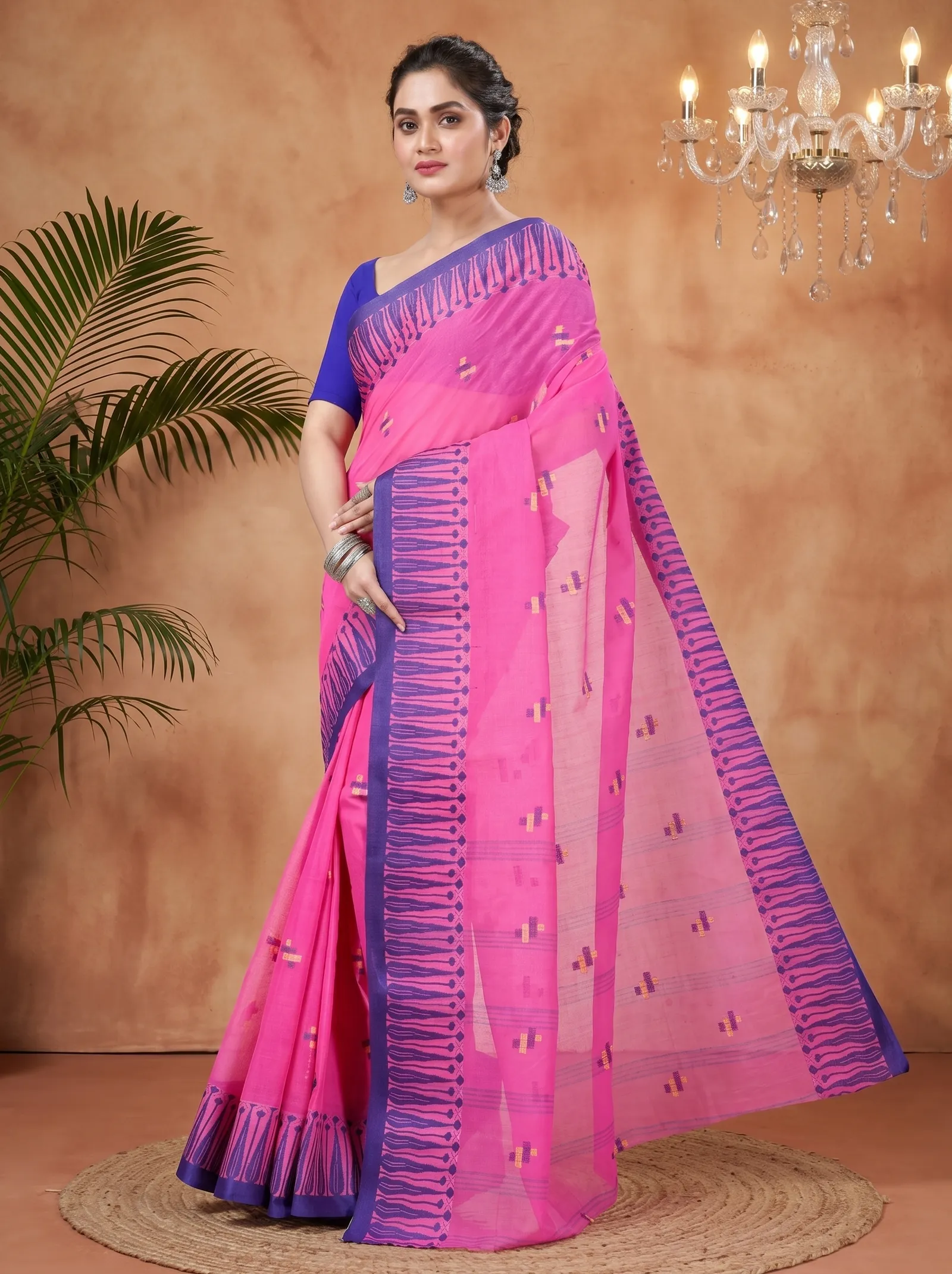 DipDiya Pure Cotton  Traditional Bengali Pink Artisan Crafted Simar Tant Saree