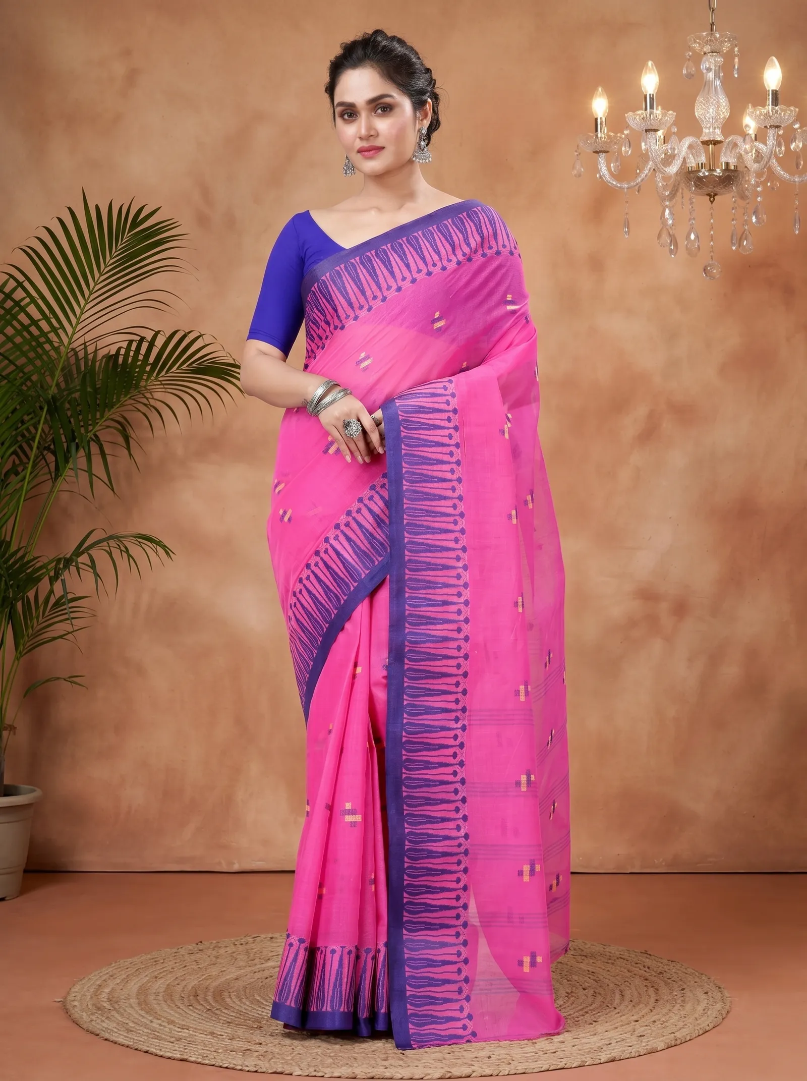 DipDiya Pure Cotton  Traditional Bengali Pink Artisan Crafted Simar Tant Saree