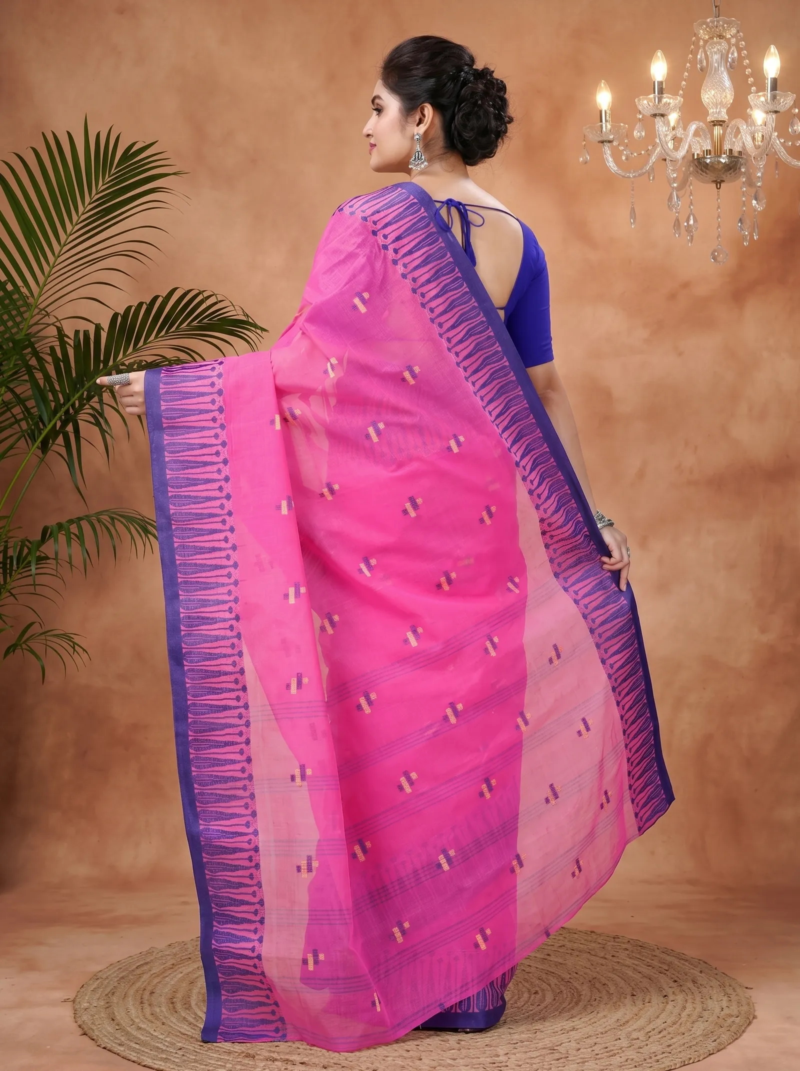 DipDiya Pure Cotton  Traditional Bengali Pink Artisan Crafted Simar Tant Saree