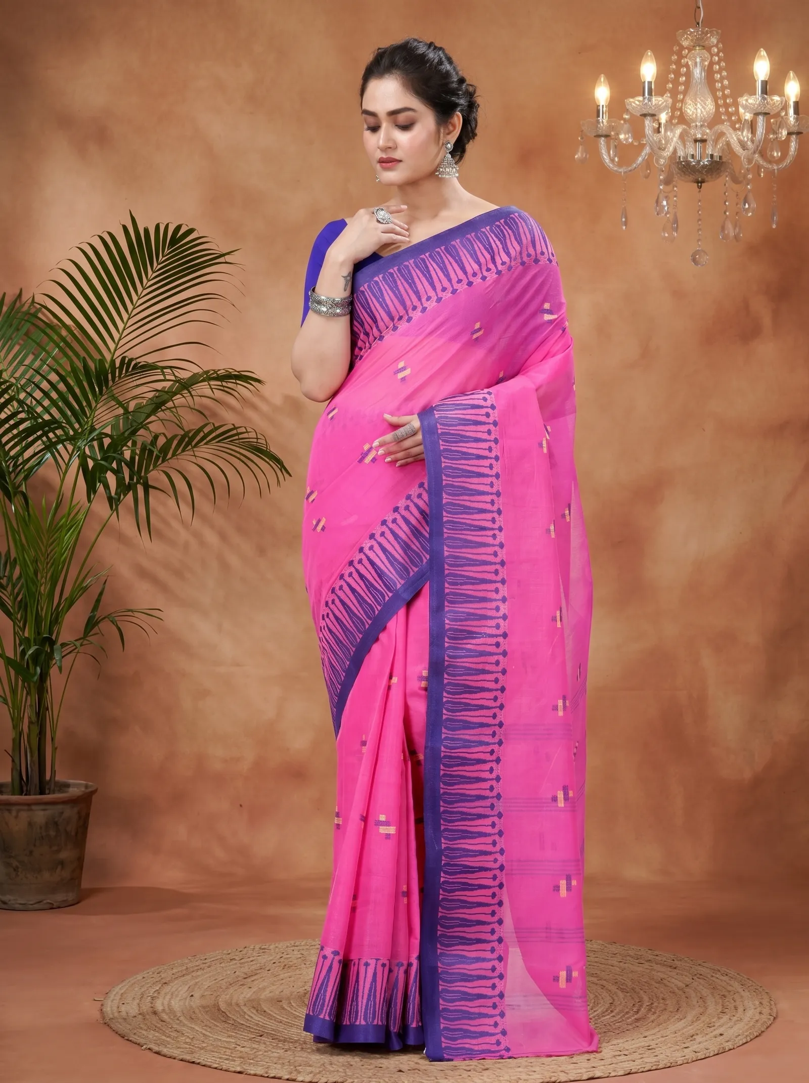 DipDiya Pure Cotton  Traditional Bengali Pink Artisan Crafted Simar Tant Saree