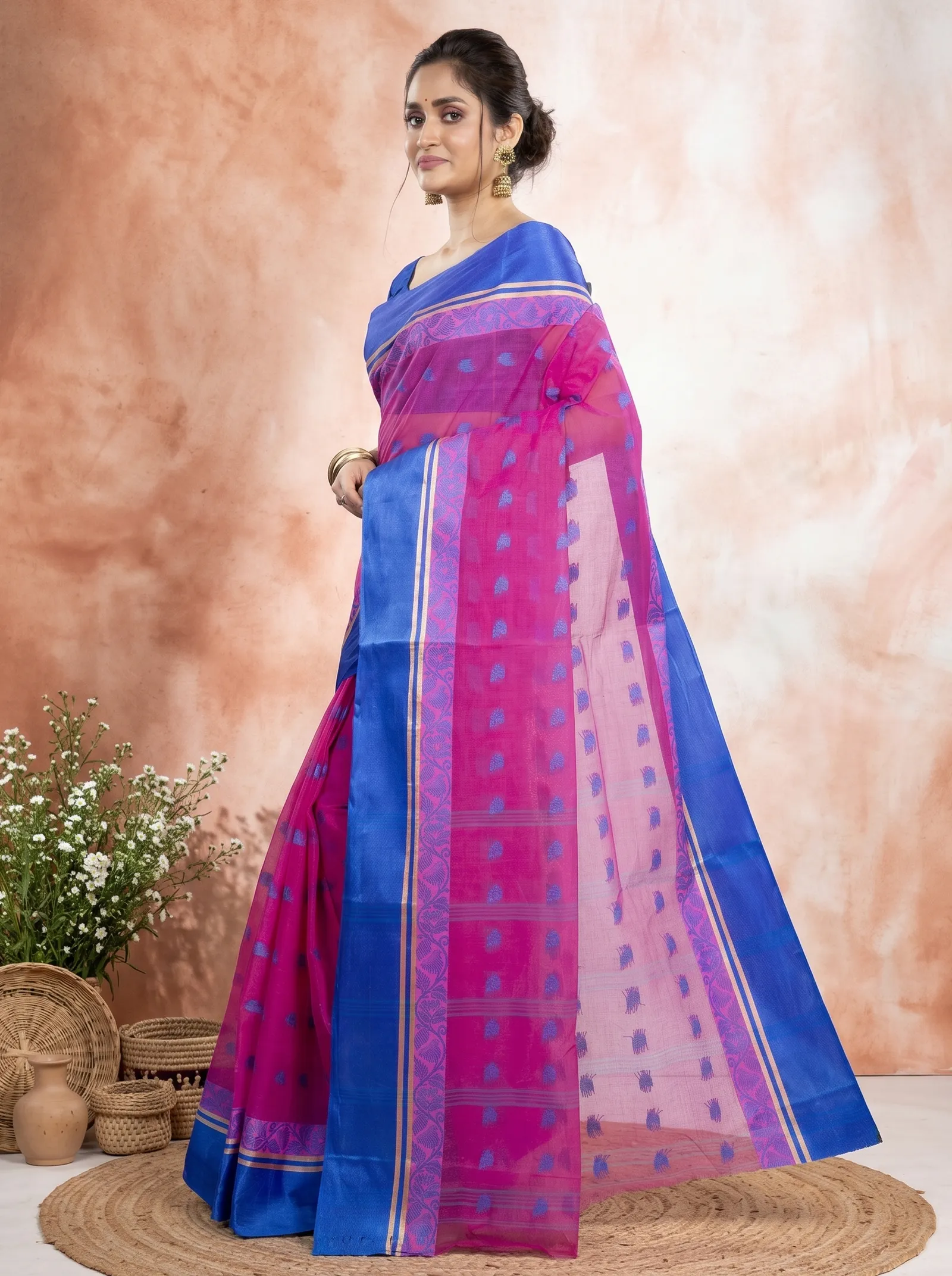 DipDiya Pure Cotton  Traditional Bengali Pink Artisan Crafted Sukla Velvet Tant Saree