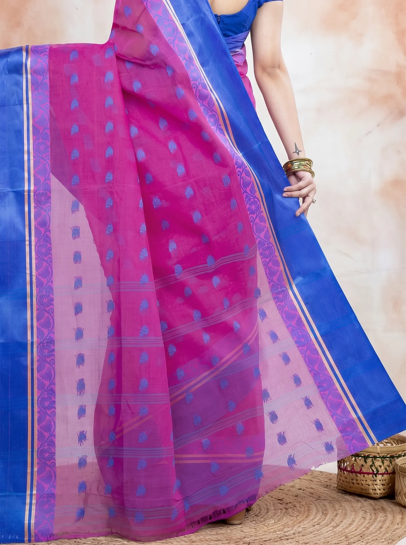 DipDiya Pure Cotton  Traditional Bengali Pink Artisan Crafted Sukla Velvet Tant Saree