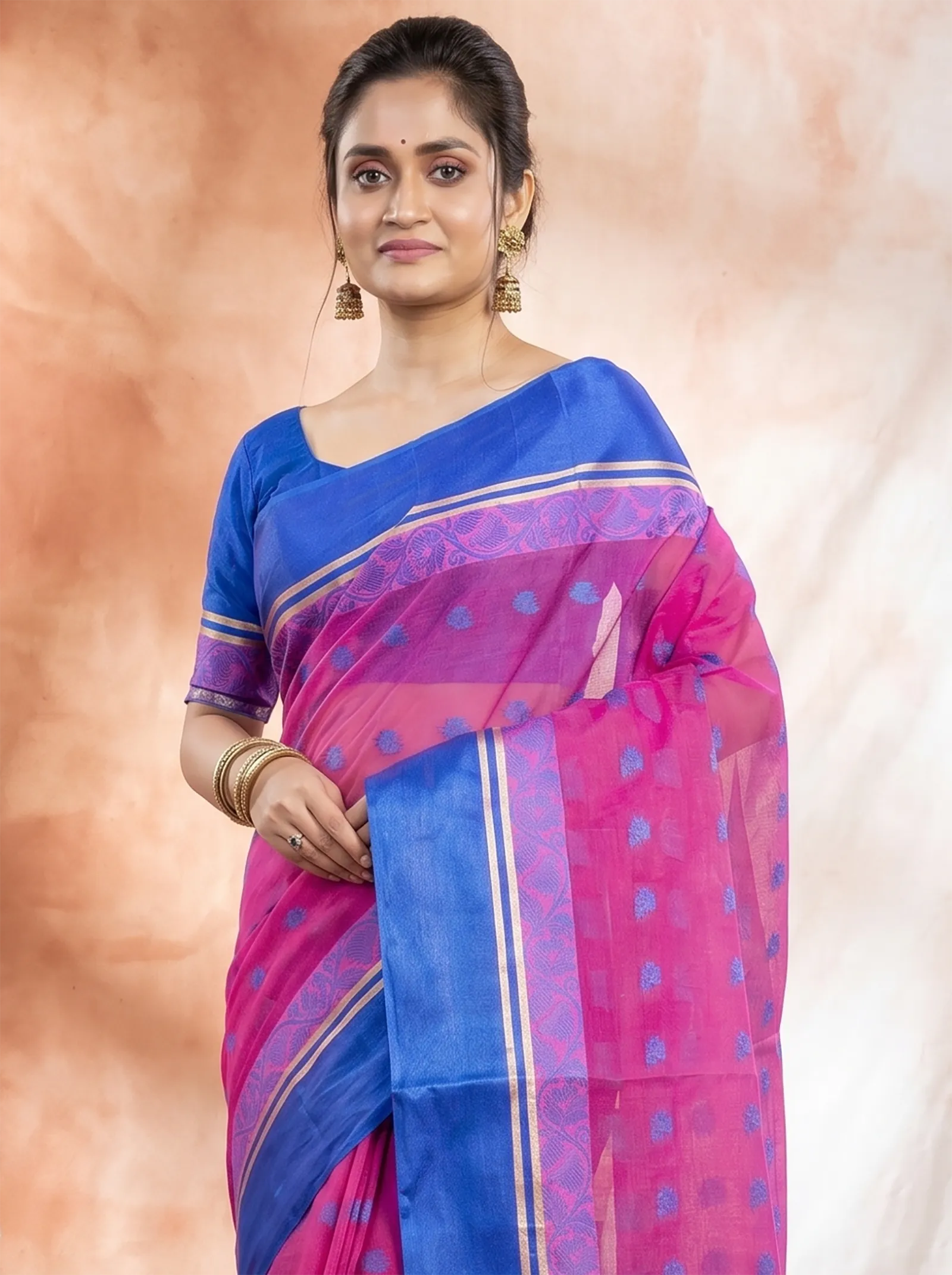 DipDiya Pure Cotton  Traditional Bengali Pink Artisan Crafted Sukla Velvet Tant Saree