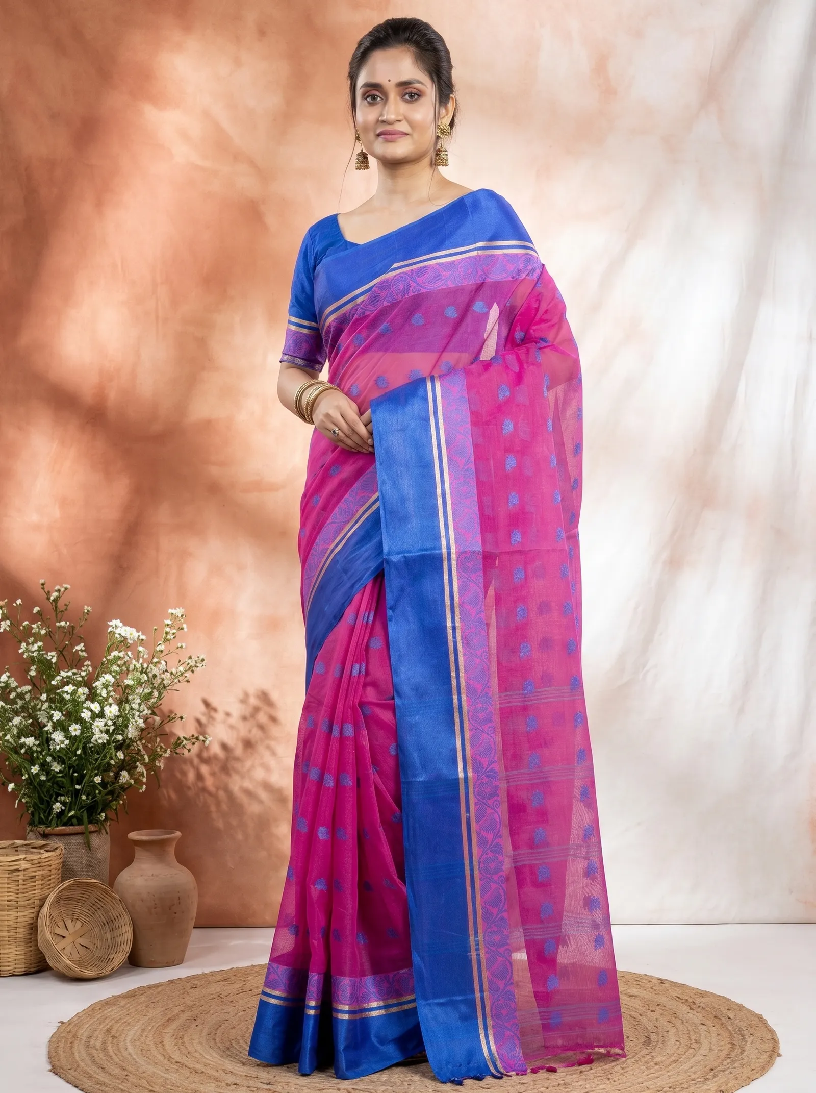 DipDiya Pure Cotton  Traditional Bengali Pink Artisan Crafted Sukla Velvet Tant Saree