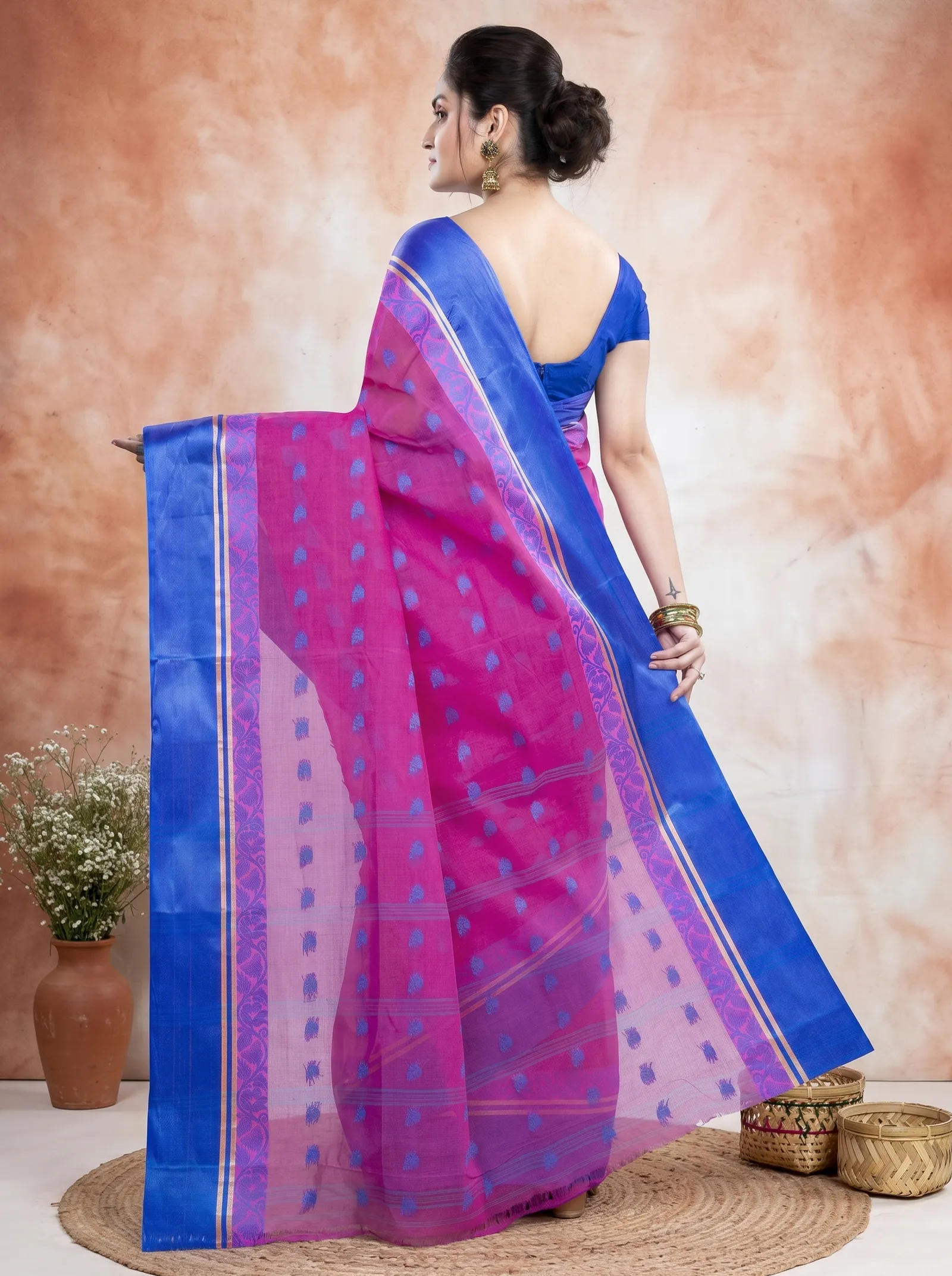 DipDiya Pure Cotton  Traditional Bengali Pink Artisan Crafted Sukla Velvet Tant Saree