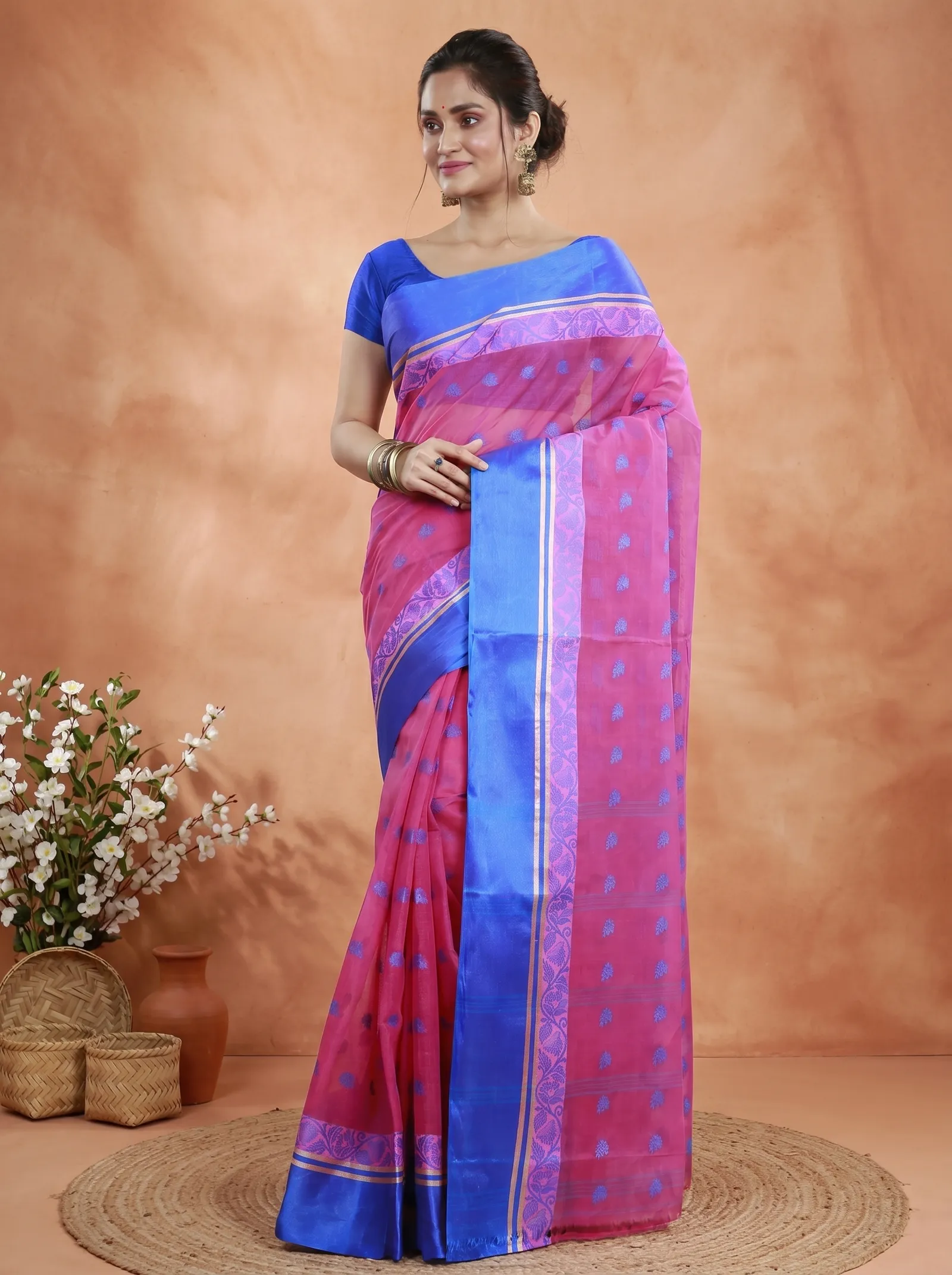DipDiya Pure Cotton  Traditional Bengali Pink Artisan Crafted Sukla Velvet Tant Saree