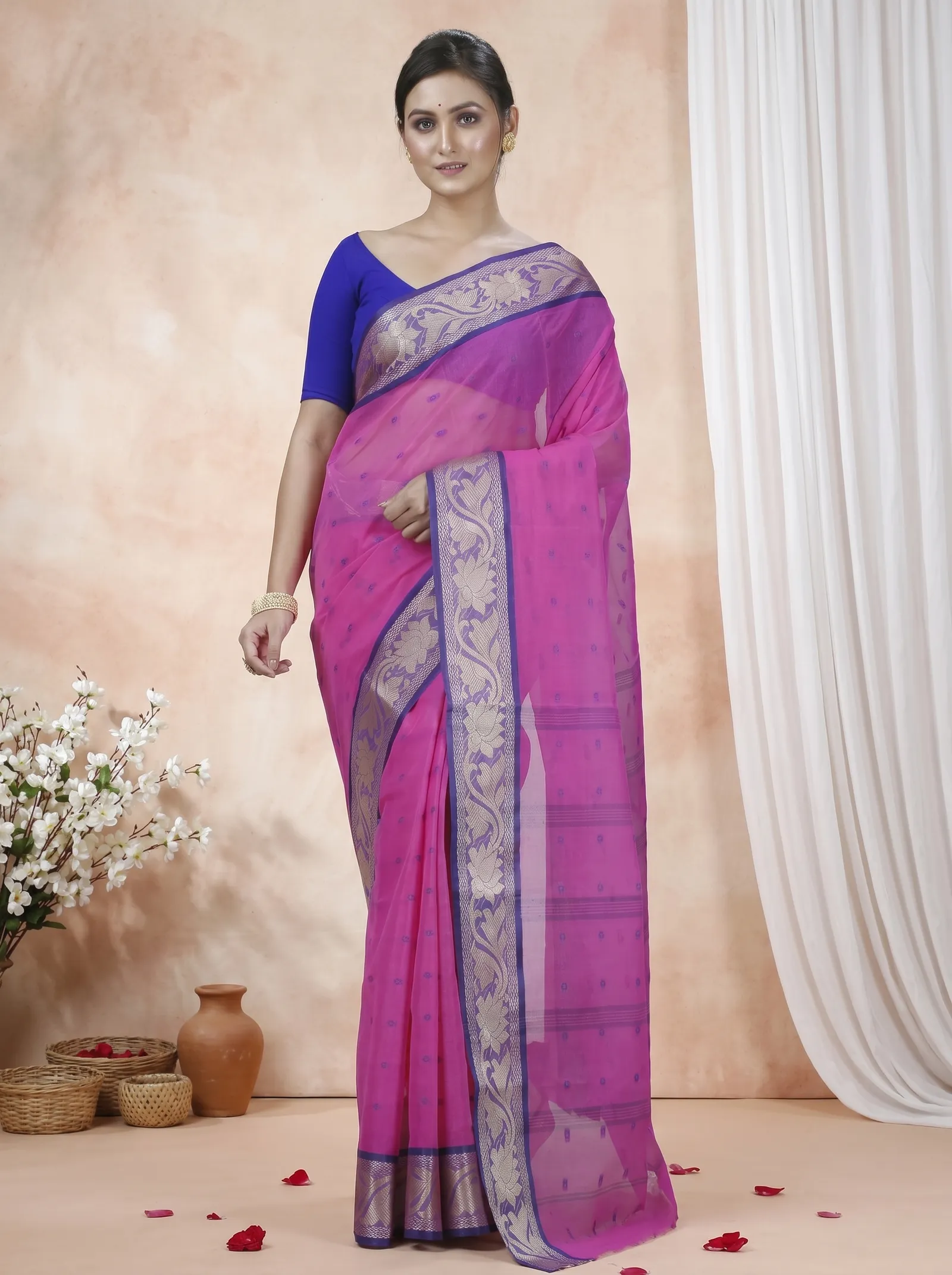 DipDiya Pure Cotton  Traditional Bengali Pink Artisan Crafted Unnati Tant Saree