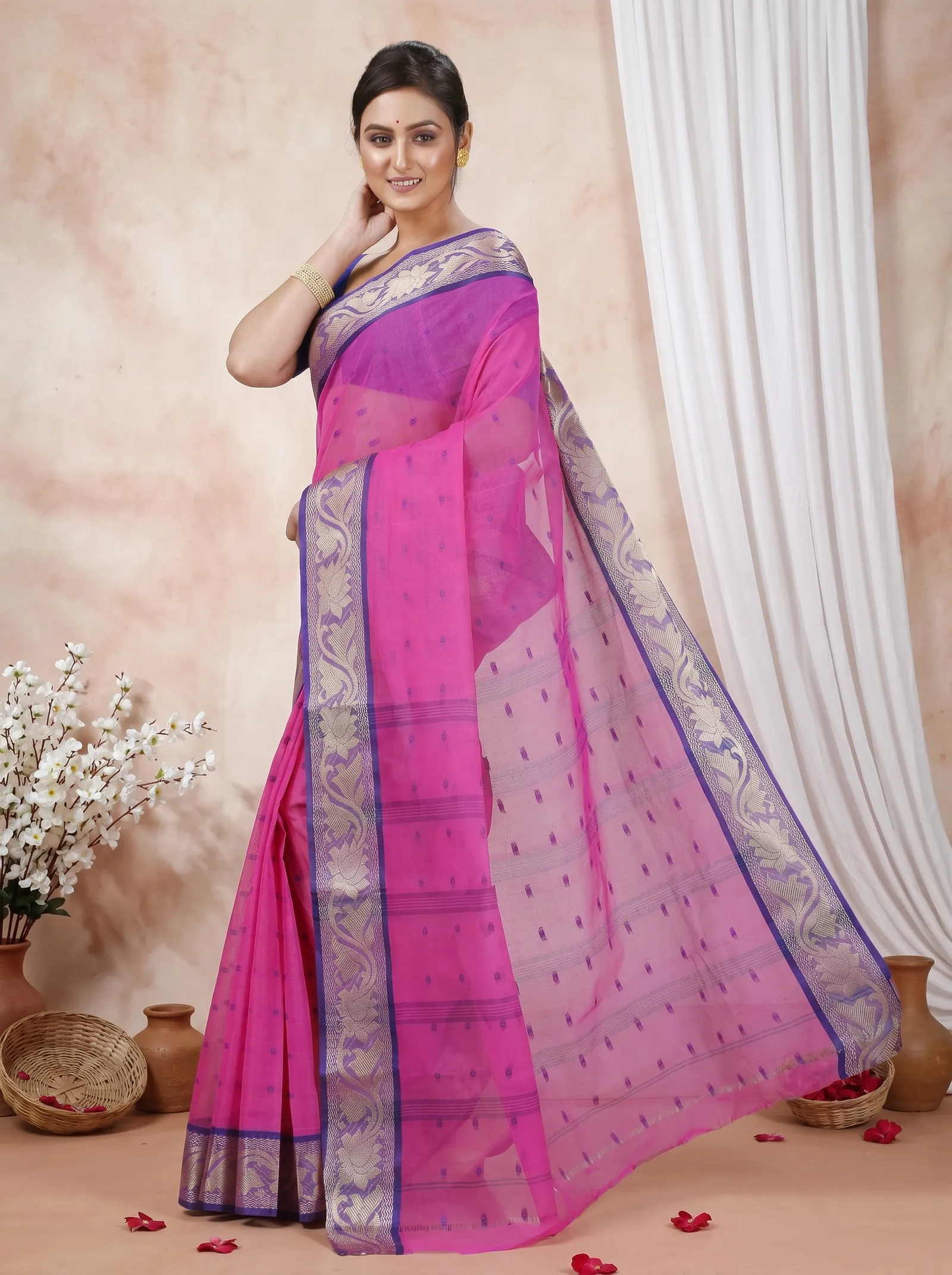 DipDiya Pure Cotton  Traditional Bengali Pink Artisan Crafted Unnati Tant Saree