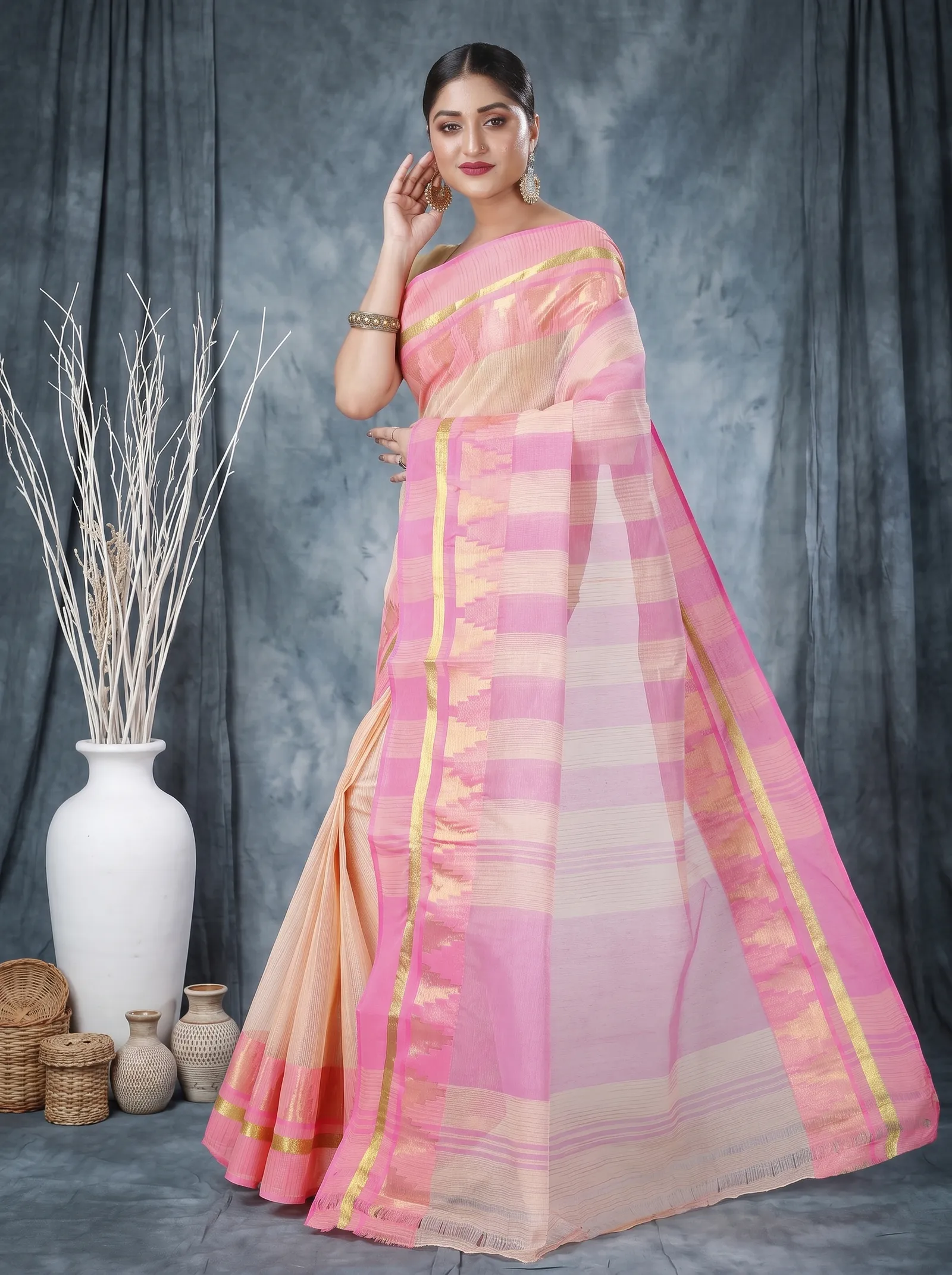 DipDiya Pure Cotton  Traditional Bengali Pink Artisan Crafted Vrinda Tant Saree