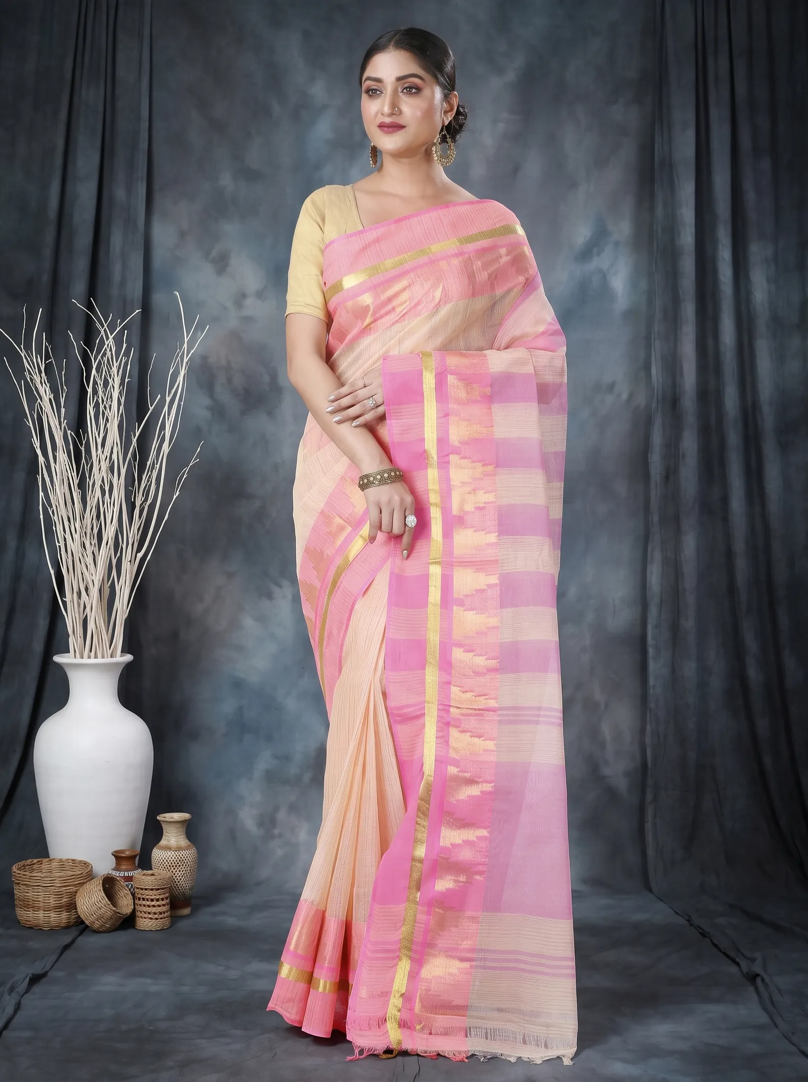 DipDiya Pure Cotton  Traditional Bengali Pink Artisan Crafted Vrinda Tant Saree