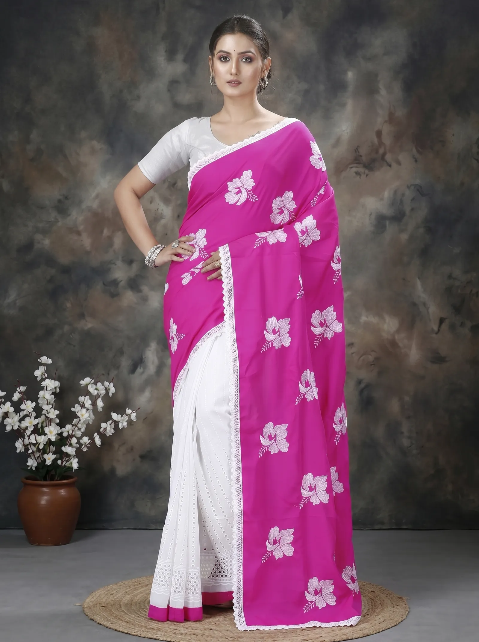 DipDiya Pure Cotton  Traditional Bengali Pink White Artisan Crafted Teru Handloom Saree