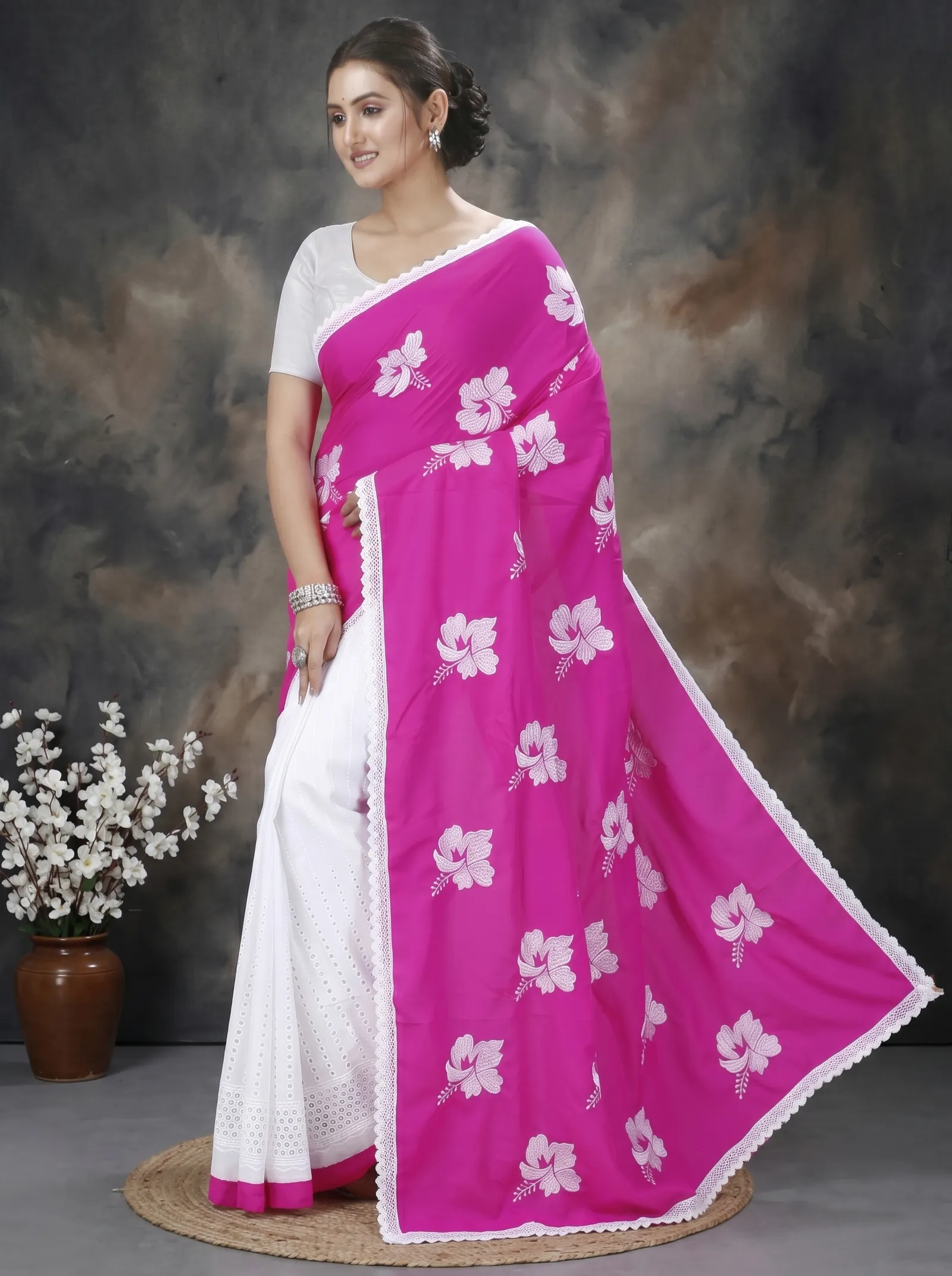 DipDiya Pure Cotton  Traditional Bengali Pink White Artisan Crafted Teru Handloom Saree