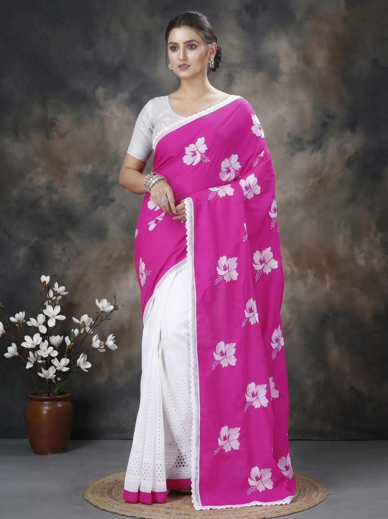 DipDiya Pure Cotton  Traditional Bengali Pink White Artisan Crafted Teru Handloom Saree