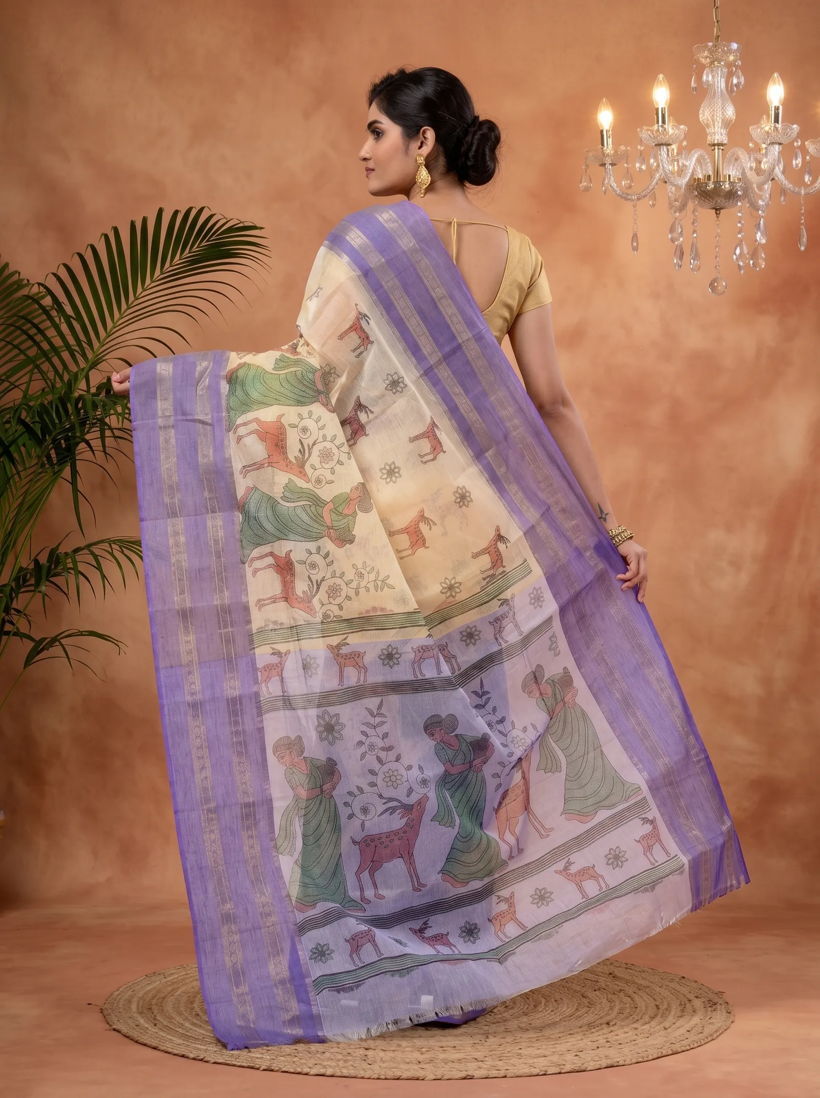DipDiya Pure Cotton  Traditional Bengali Purple Artisan Crafted Sakuntala Printed Tant Saree