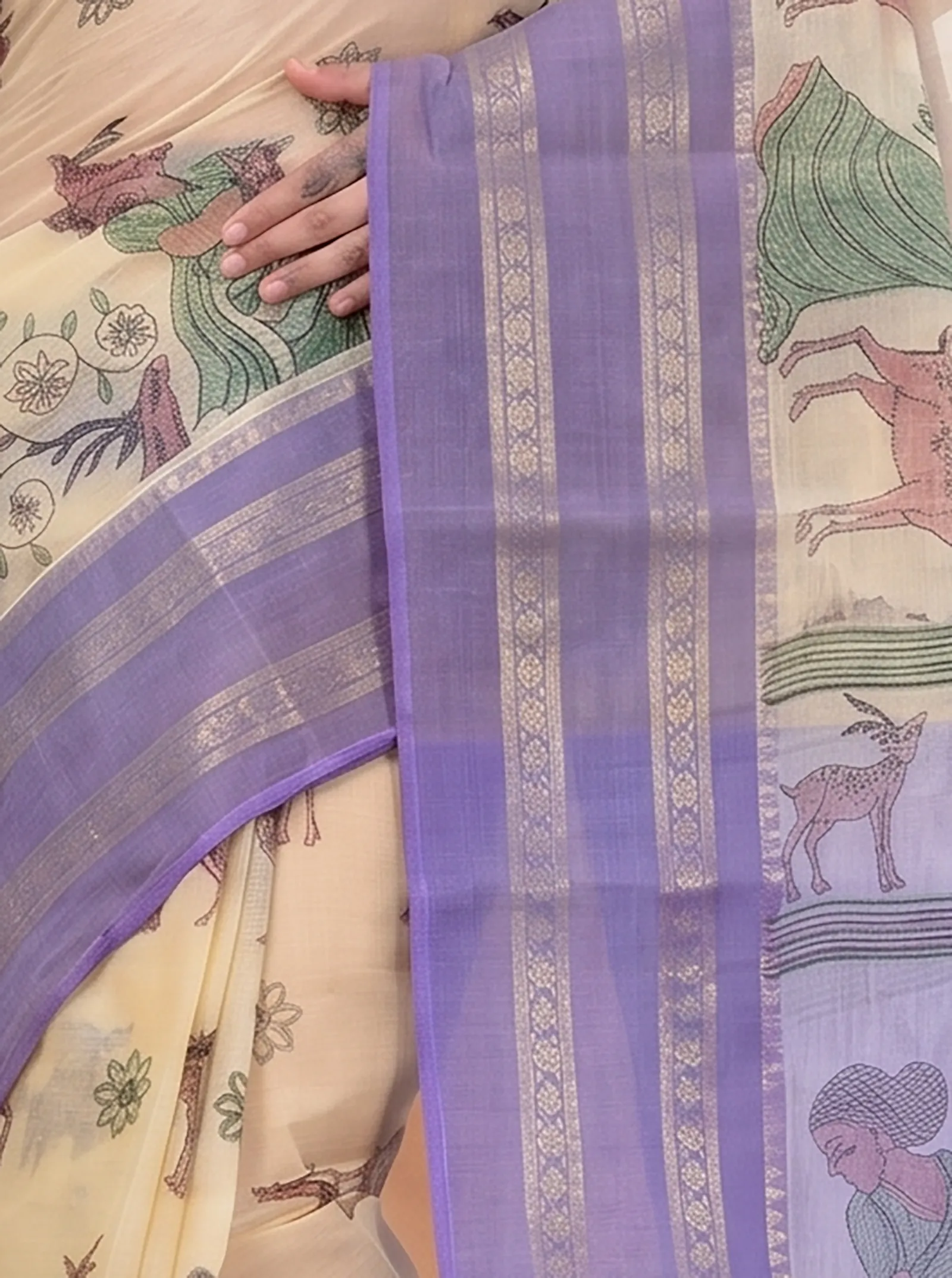 DipDiya Pure Cotton  Traditional Bengali Purple Artisan Crafted Sakuntala Printed Tant Saree