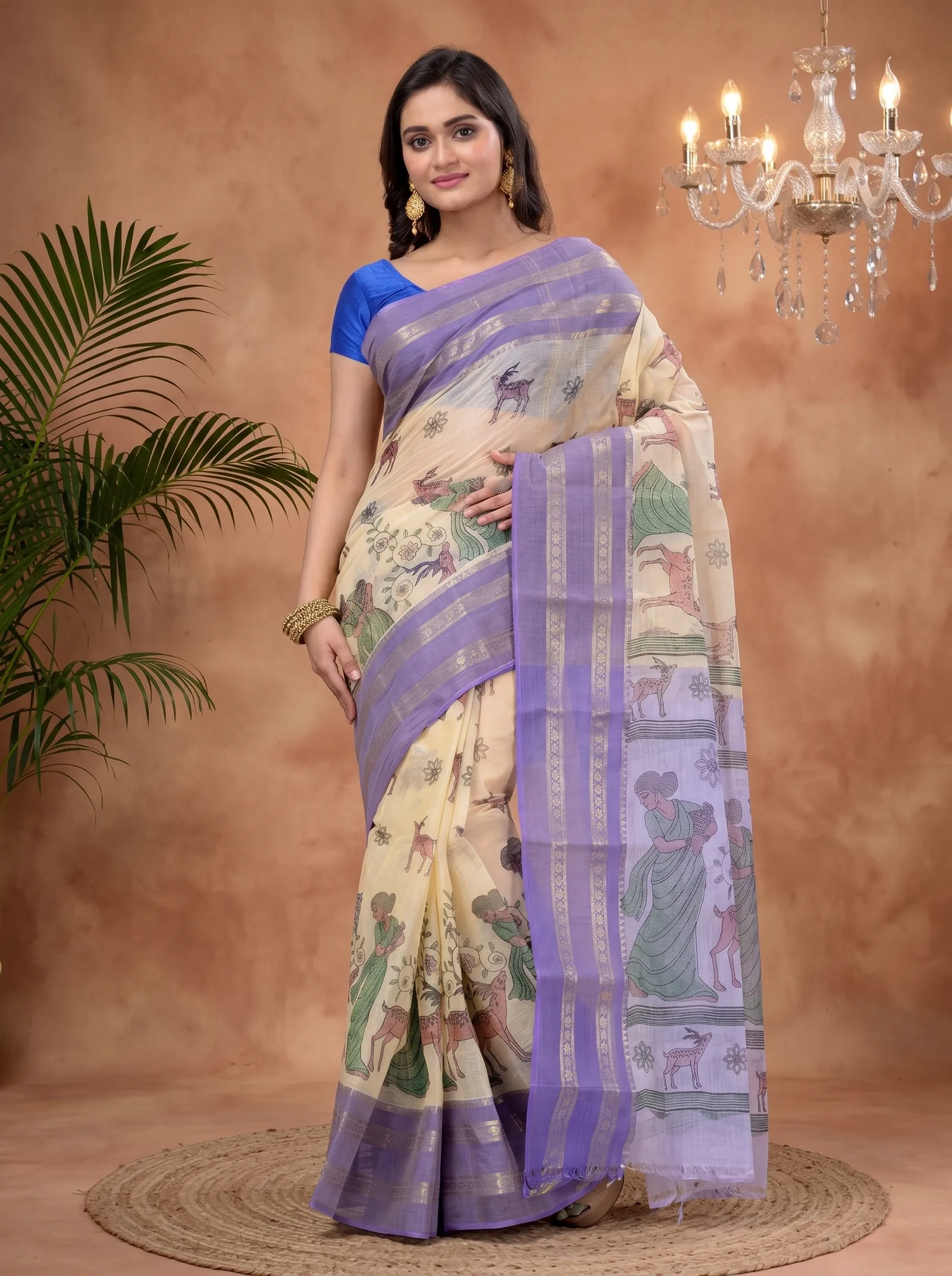DipDiya Pure Cotton  Traditional Bengali Purple Artisan Crafted Sakuntala Printed Tant Saree