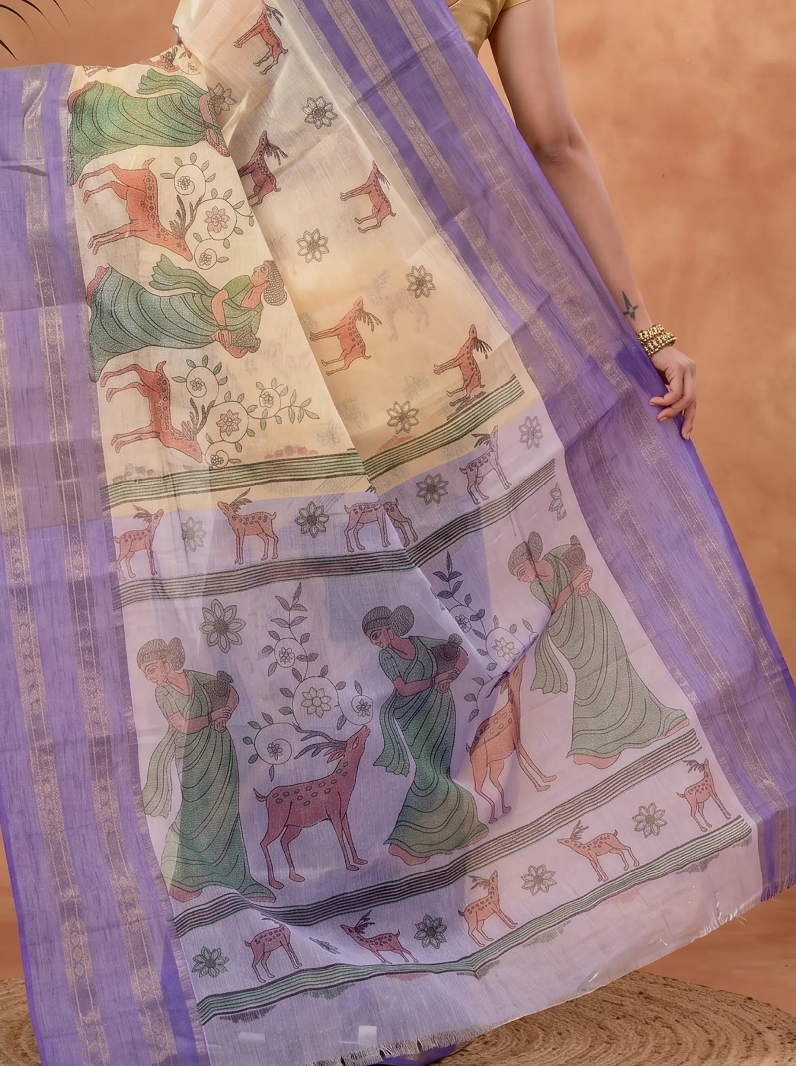DipDiya Pure Cotton  Traditional Bengali Purple Artisan Crafted Sakuntala Printed Tant Saree