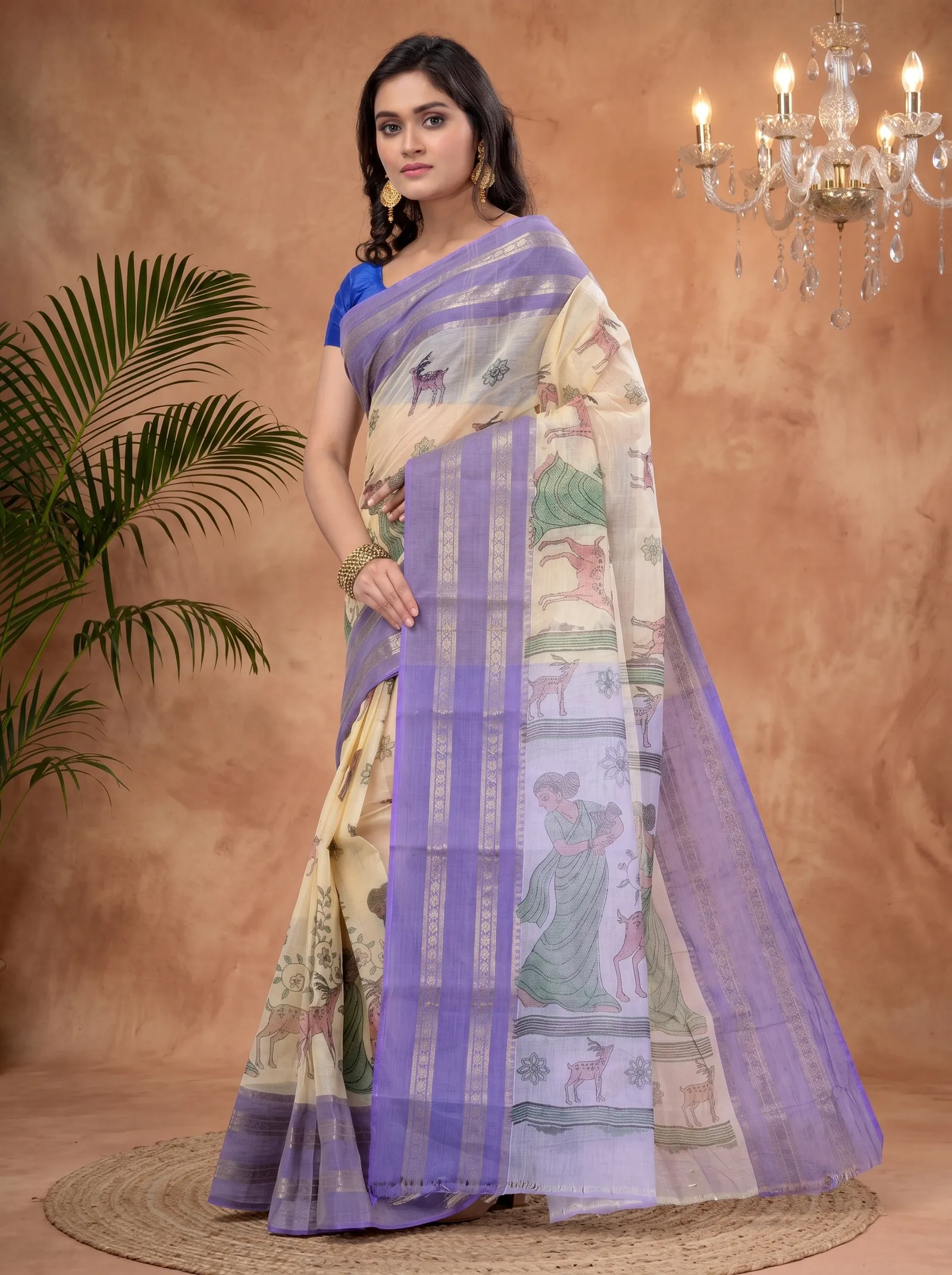 DipDiya Pure Cotton  Traditional Bengali Purple Artisan Crafted Sakuntala Printed Tant Saree