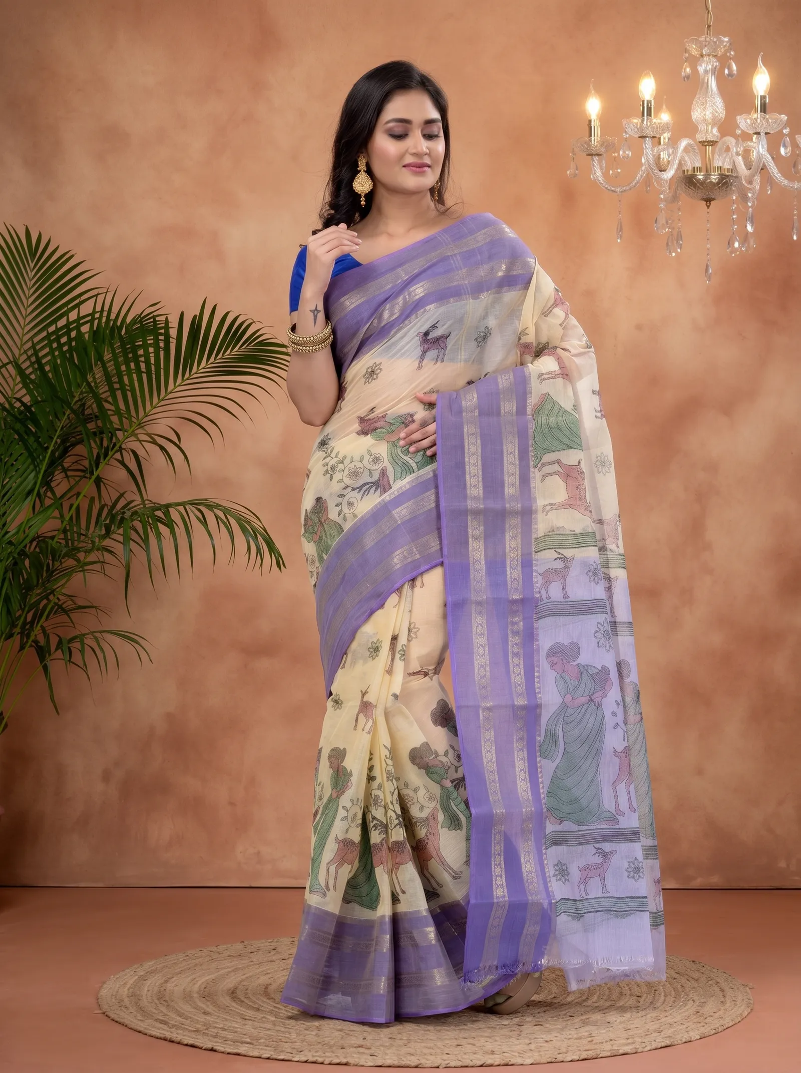 DipDiya Pure Cotton  Traditional Bengali Purple Artisan Crafted Sakuntala Printed Tant Saree