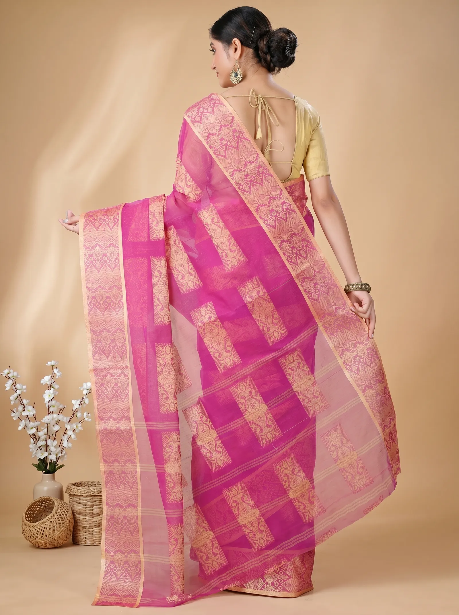DipDiya Pure Cotton  Traditional Bengali Purple Artisan Crafted Strip Suparna Tant Saree