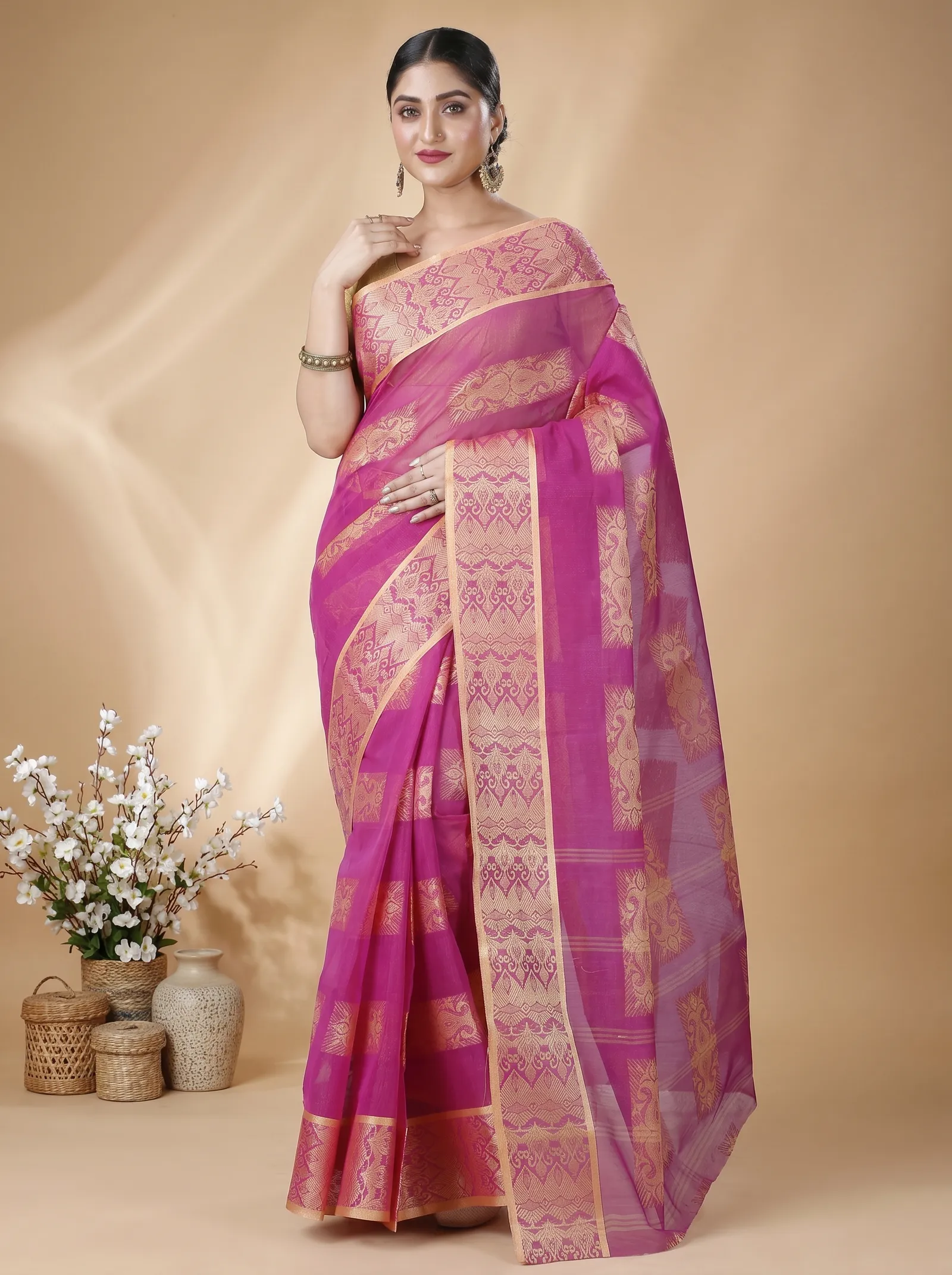 DipDiya Pure Cotton  Traditional Bengali Purple Artisan Crafted Strip Suparna Tant Saree