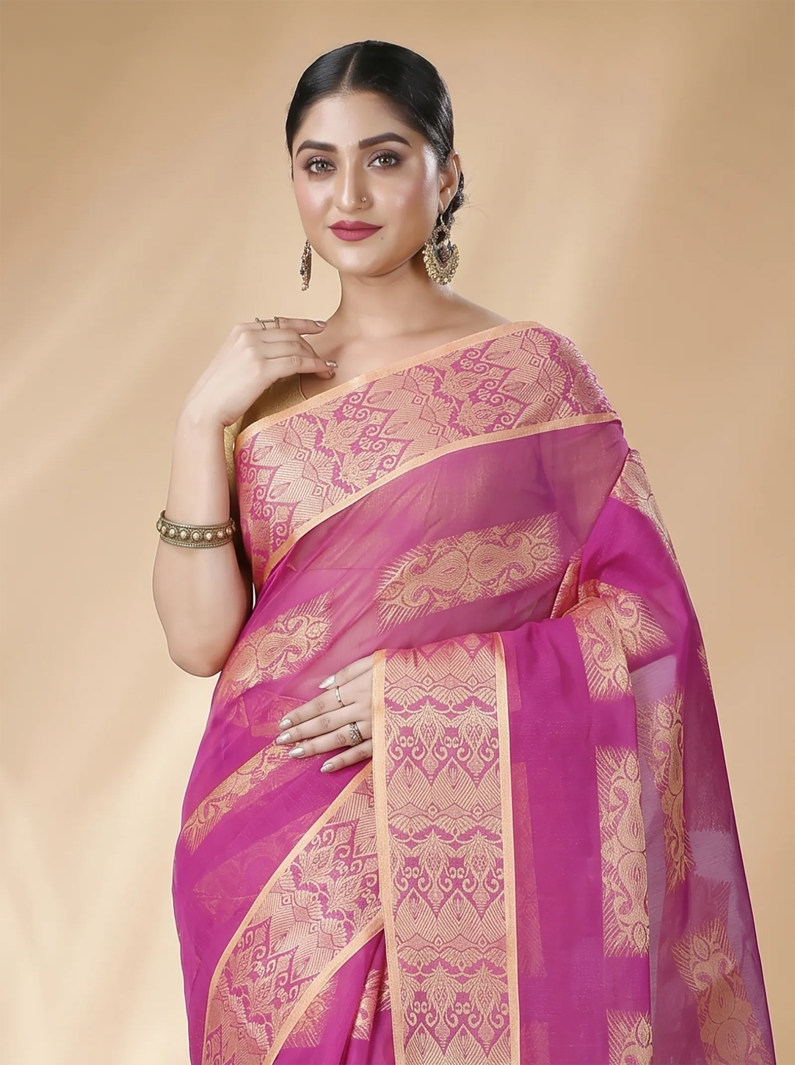 DipDiya Pure Cotton  Traditional Bengali Purple Artisan Crafted Strip Suparna Tant Saree