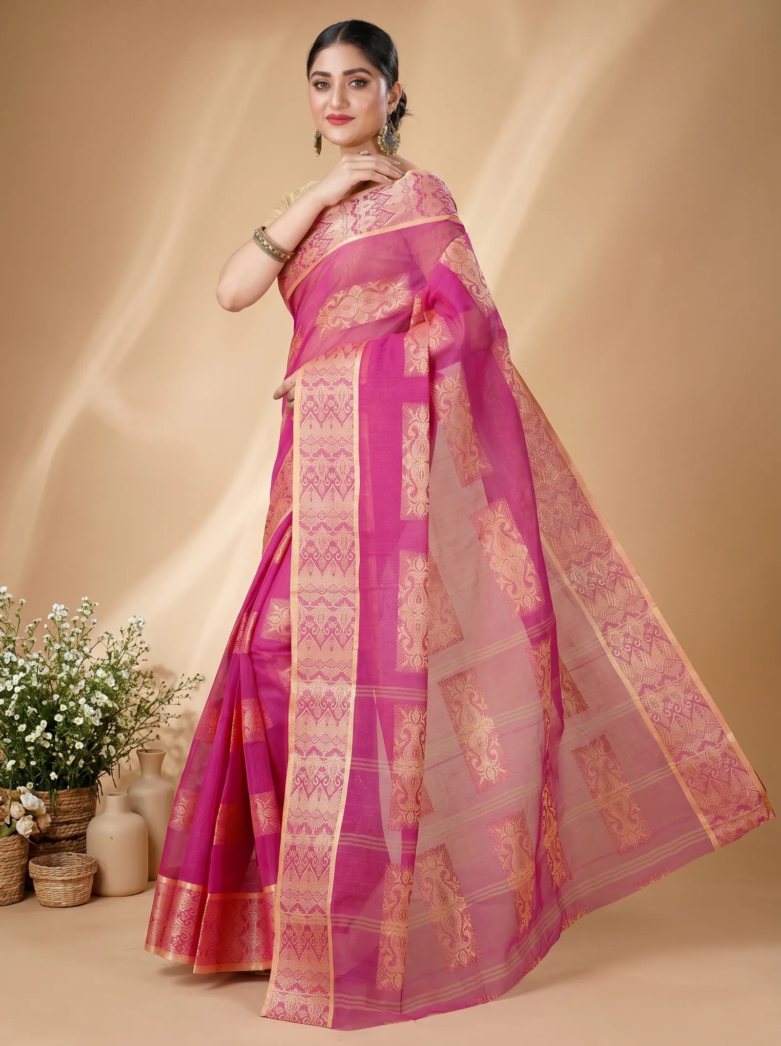 DipDiya Pure Cotton  Traditional Bengali Purple Artisan Crafted Strip Suparna Tant Saree