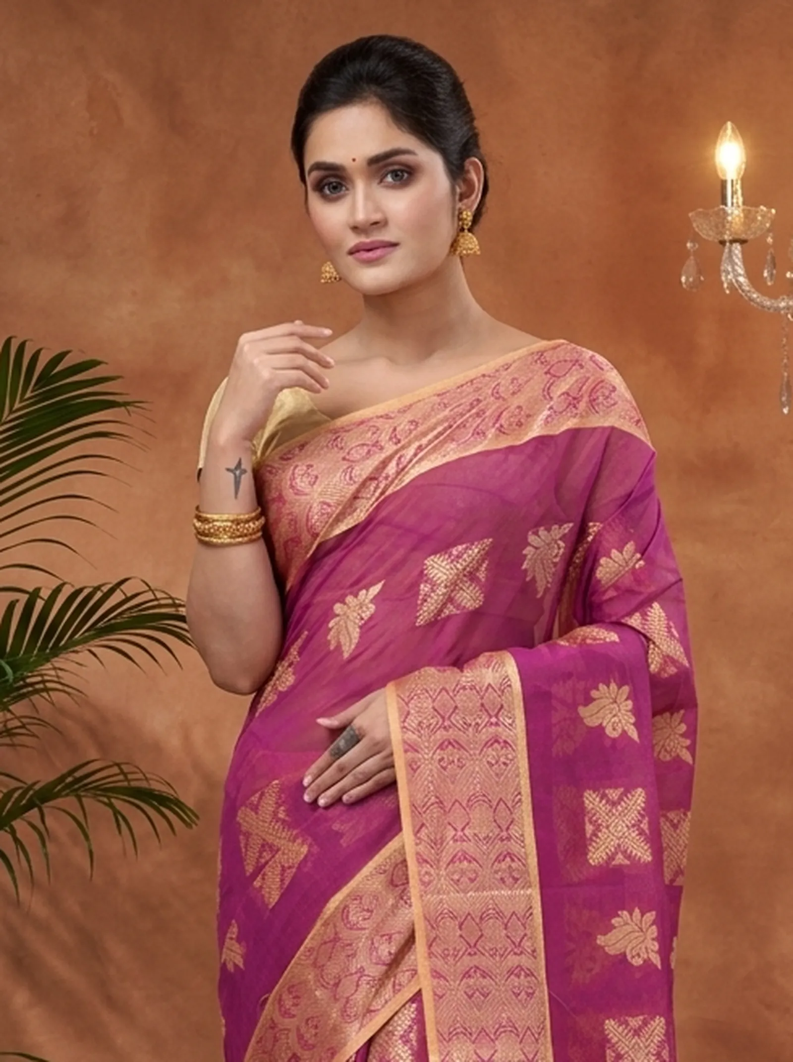 DipDiya Pure Cotton  Traditional Bengali Purple Artisan Crafted Suparna Buti Tant Saree