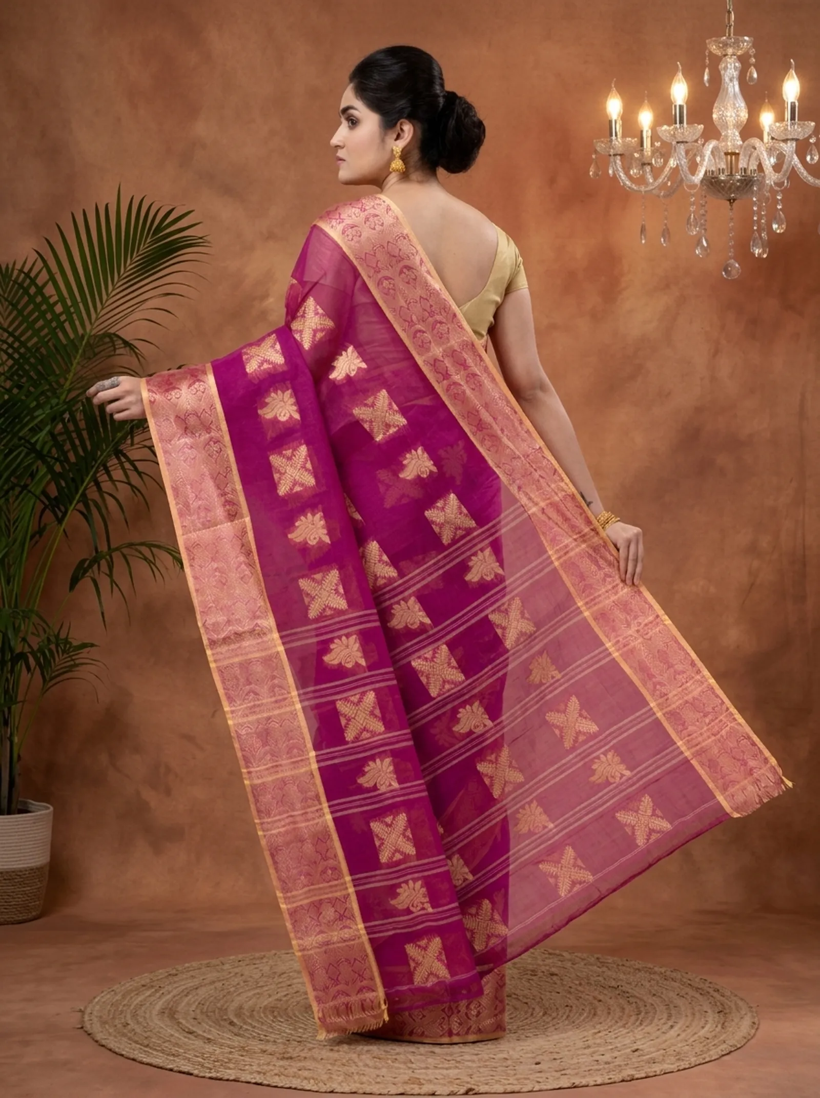 DipDiya Pure Cotton  Traditional Bengali Purple Artisan Crafted Suparna Buti Tant Saree