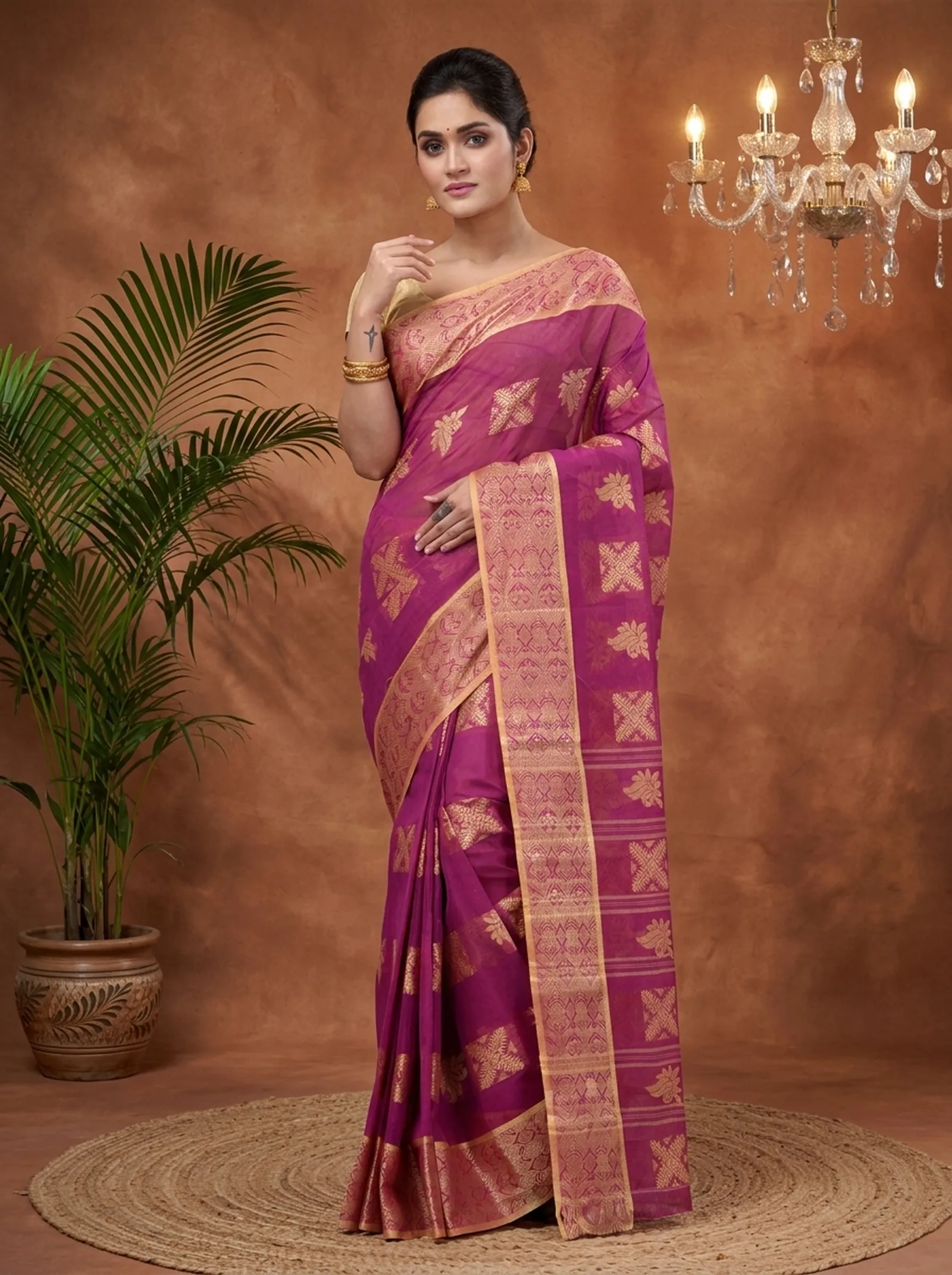DipDiya Pure Cotton  Traditional Bengali Purple Artisan Crafted Suparna Buti Tant Saree