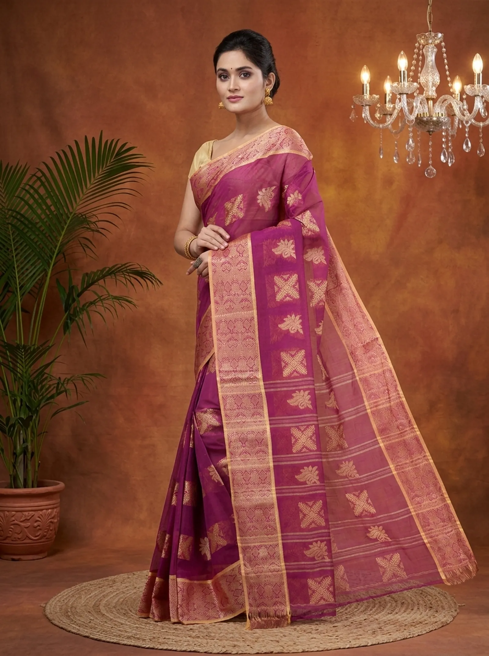 DipDiya Pure Cotton  Traditional Bengali Purple Artisan Crafted Suparna Buti Tant Saree