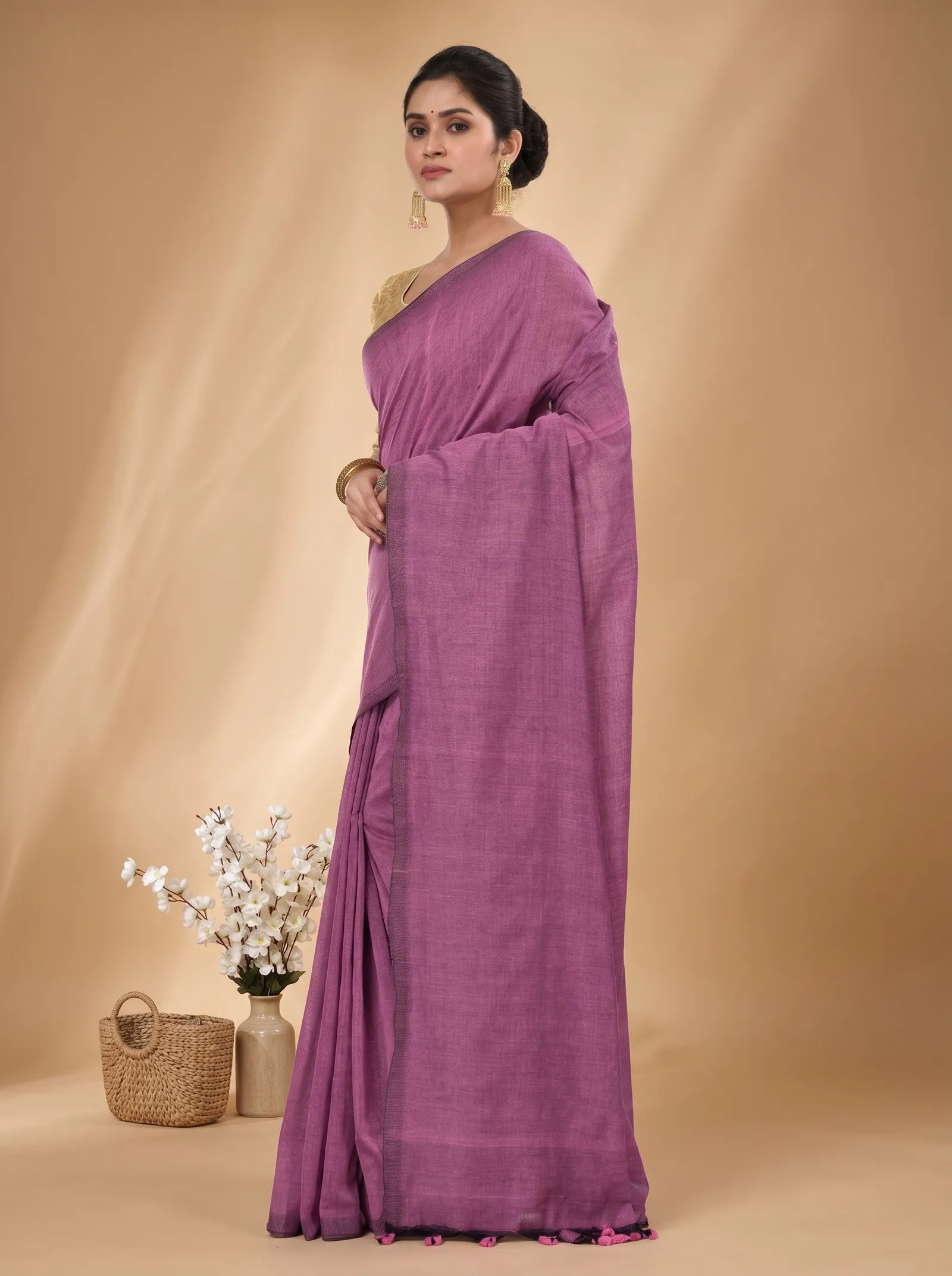 DipDiya Pure Cotton  Traditional Bengali Purple Artisan Crafted ThanKhadi Handloom Saree