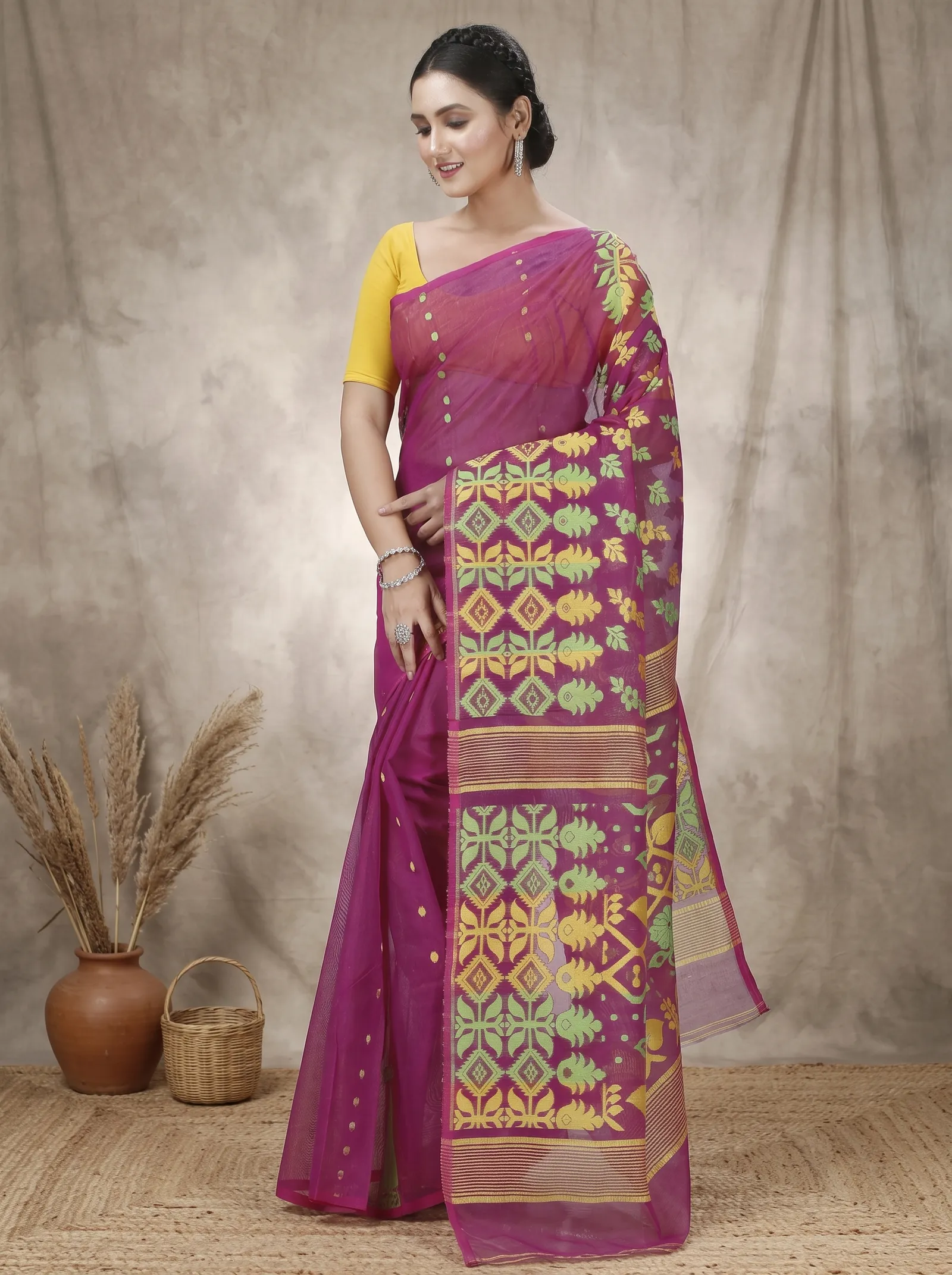 DipDiya Pure Cotton  Traditional Bengali Purple Artisan Crafted Urmila Jamdani Saree