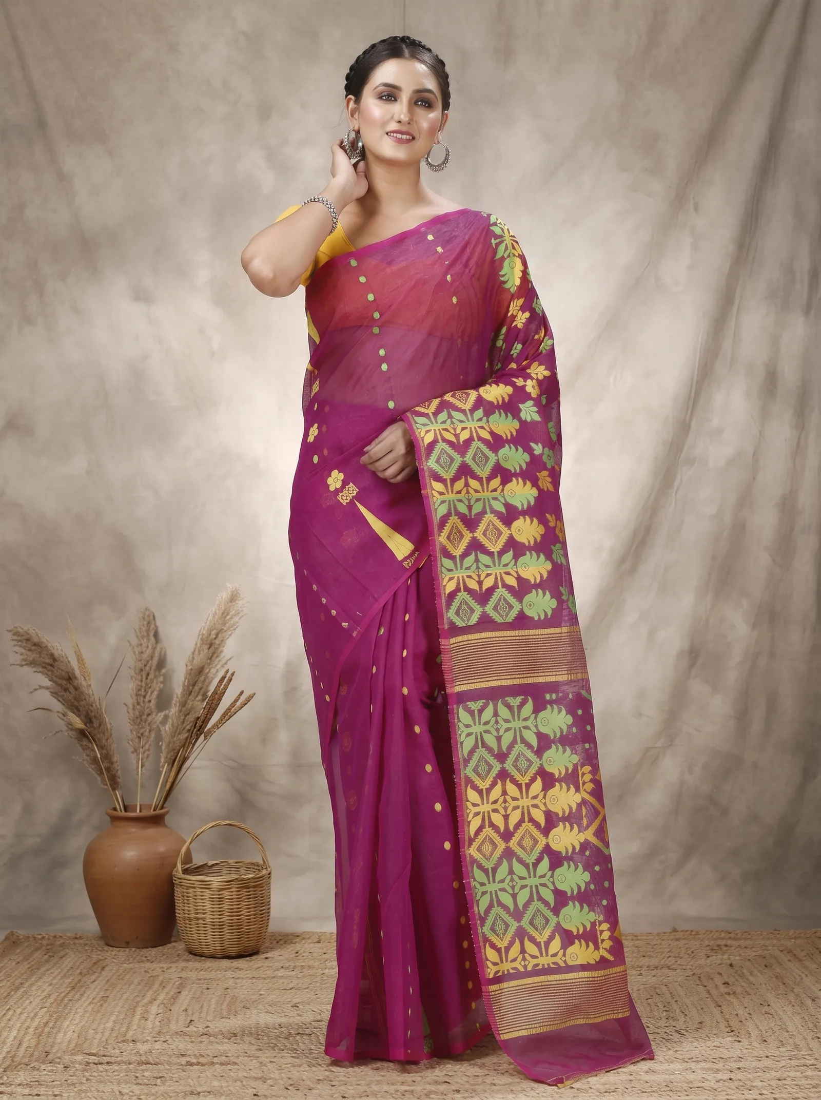 DipDiya Pure Cotton  Traditional Bengali Purple Artisan Crafted Urmila Jamdani Saree