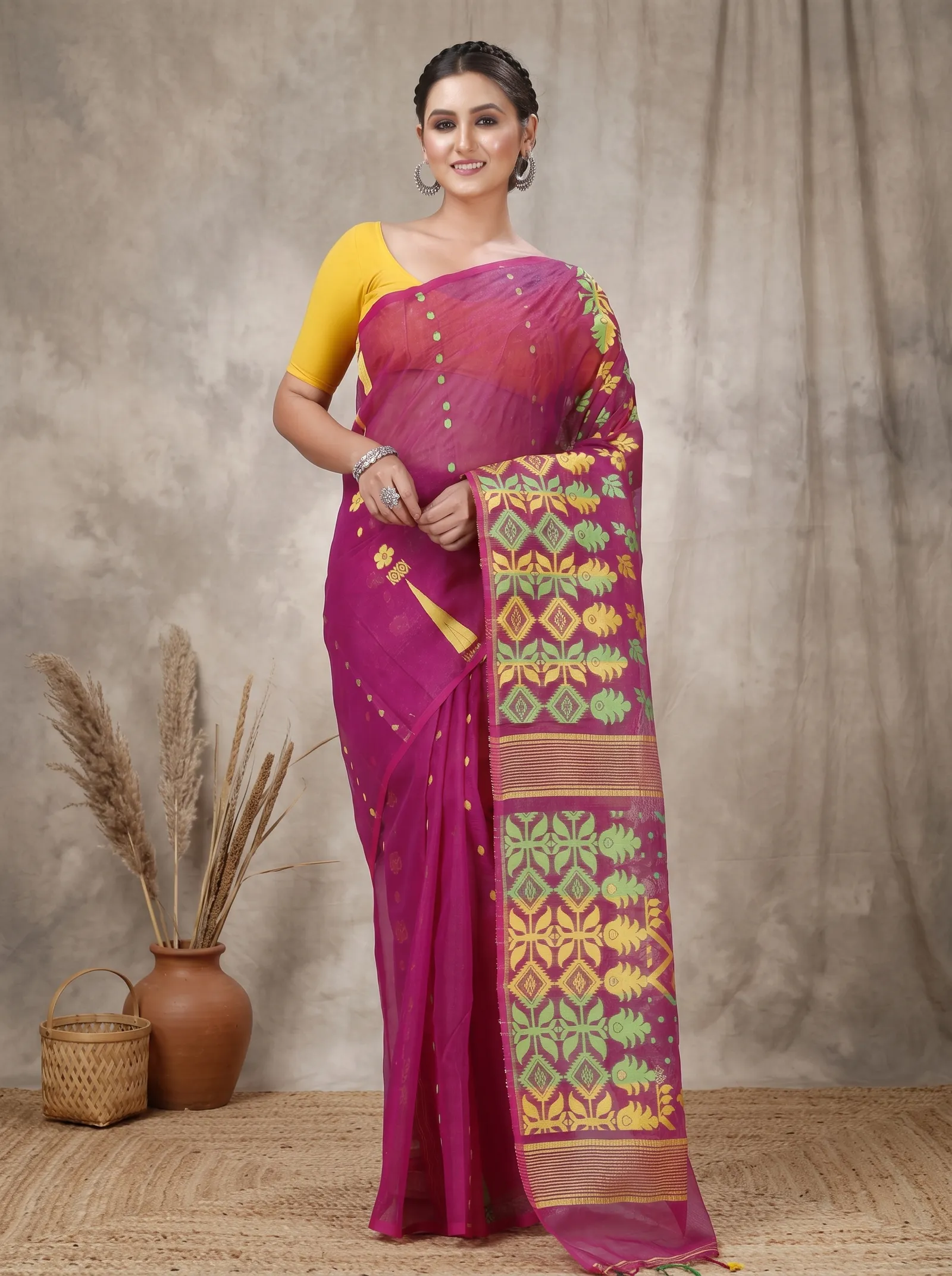 DipDiya Pure Cotton  Traditional Bengali Purple Artisan Crafted Urmila Jamdani Saree