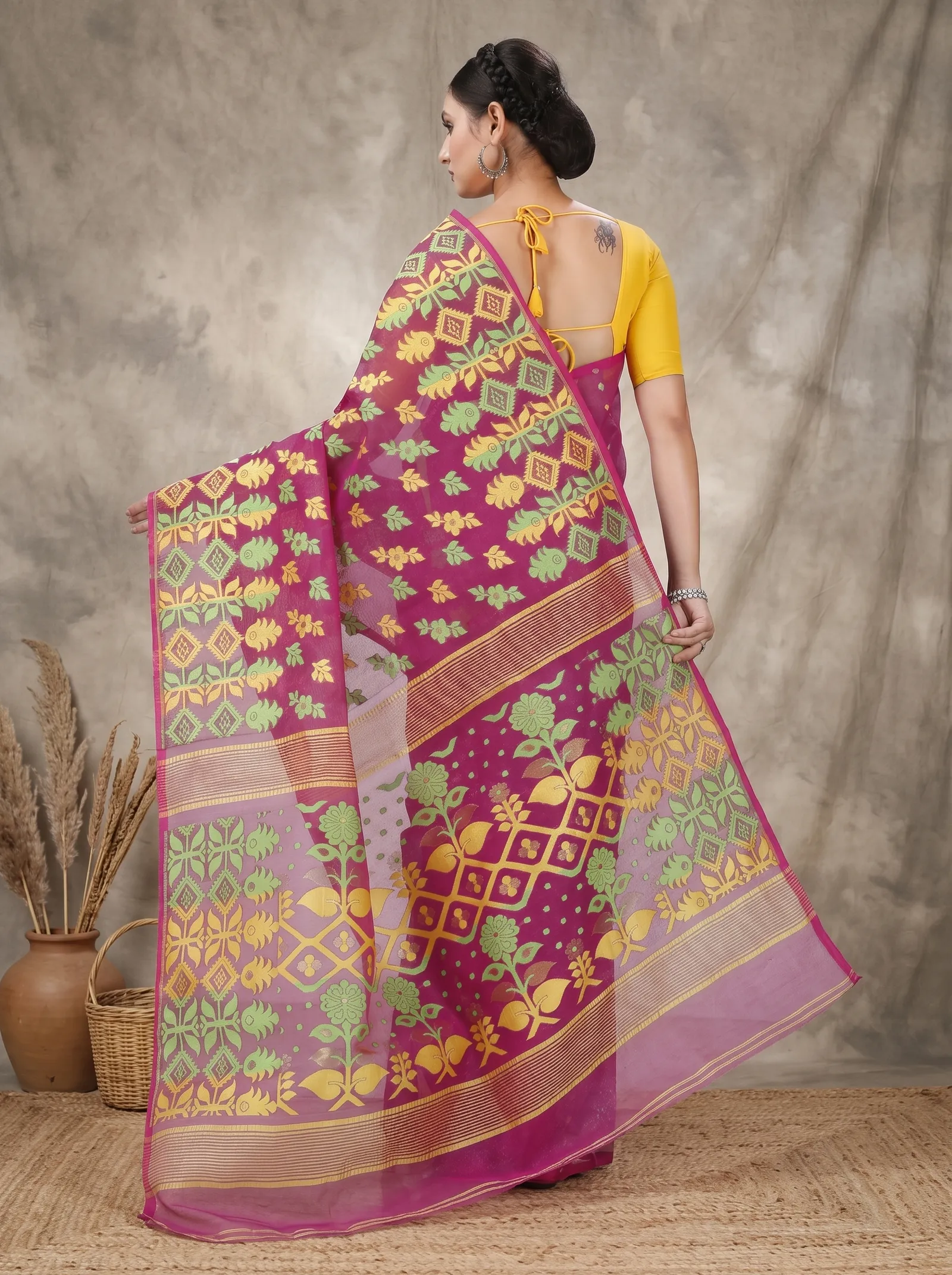 DipDiya Pure Cotton  Traditional Bengali Purple Artisan Crafted Urmila Jamdani Saree