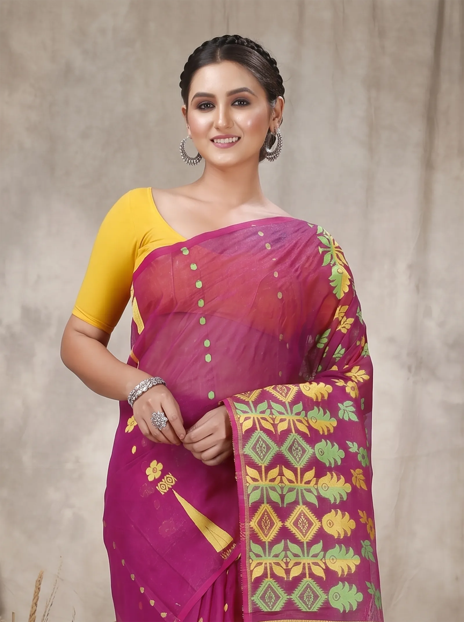 DipDiya Pure Cotton  Traditional Bengali Purple Artisan Crafted Urmila Jamdani Saree