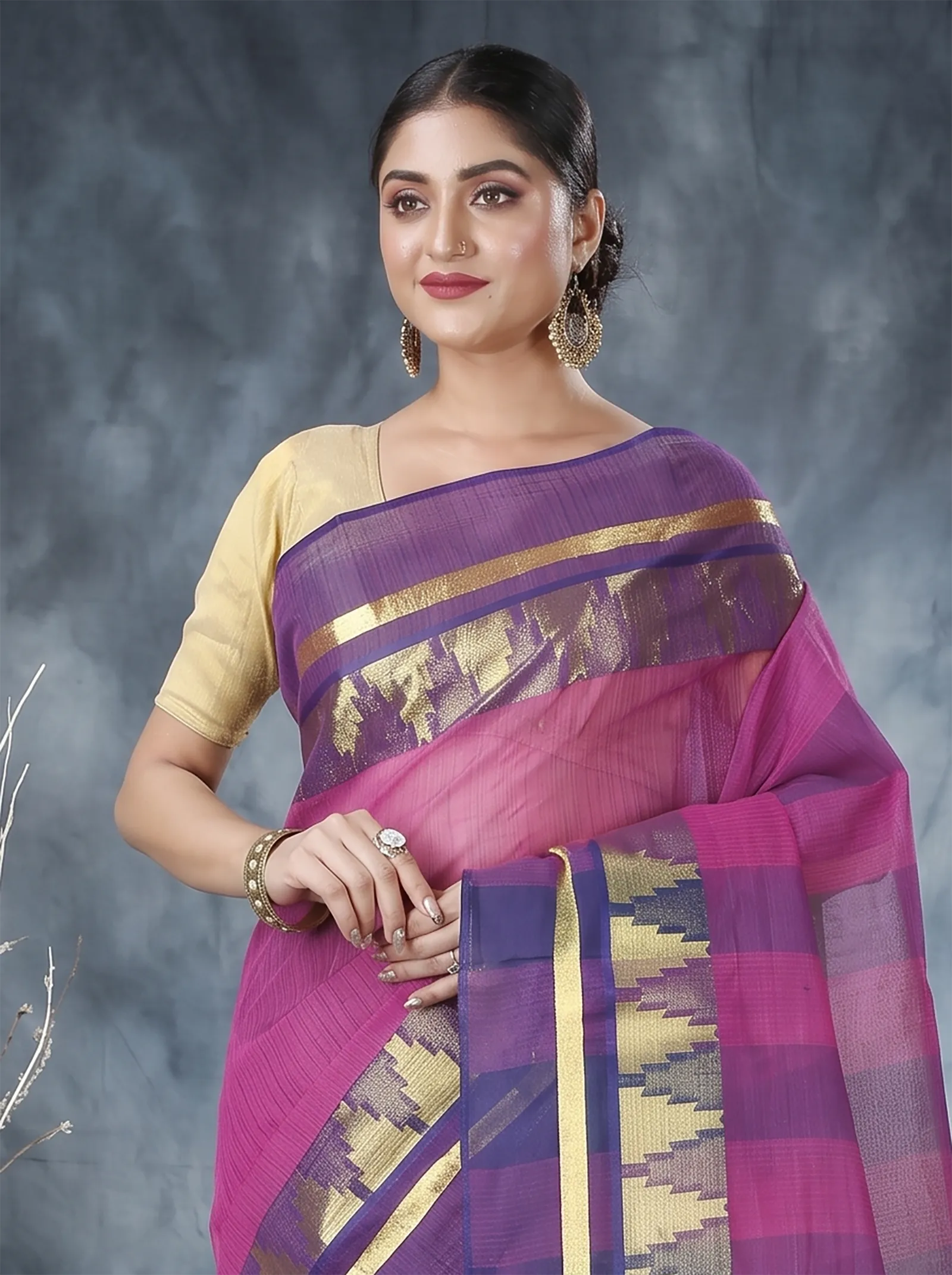 DipDiya Pure Cotton  Traditional Bengali Purple Artisan Crafted Vrinda Tant Saree