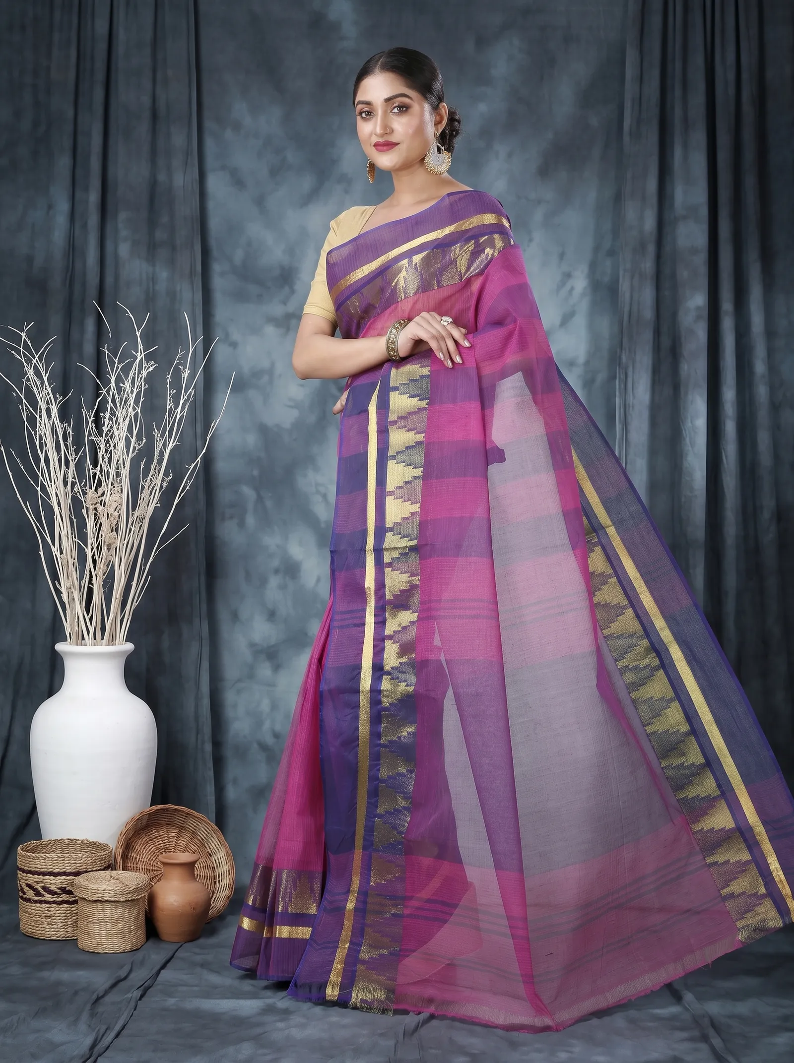 DipDiya Pure Cotton  Traditional Bengali Purple Artisan Crafted Vrinda Tant Saree