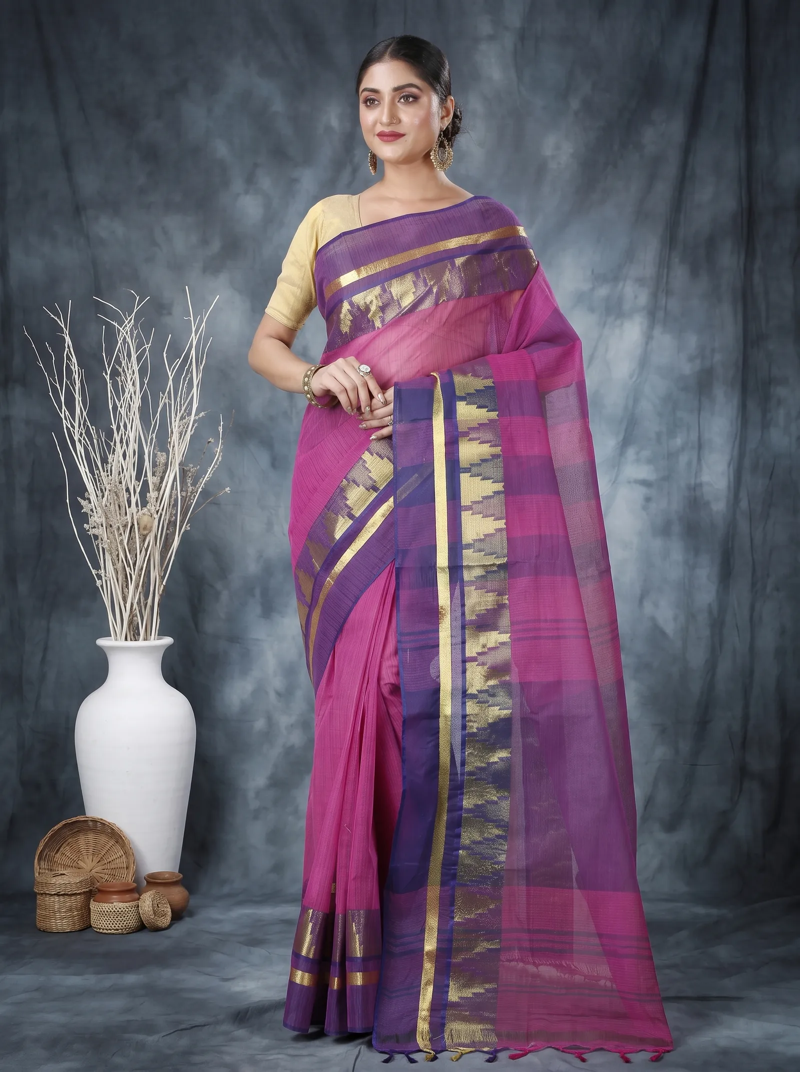 DipDiya Pure Cotton  Traditional Bengali Purple Artisan Crafted Vrinda Tant Saree