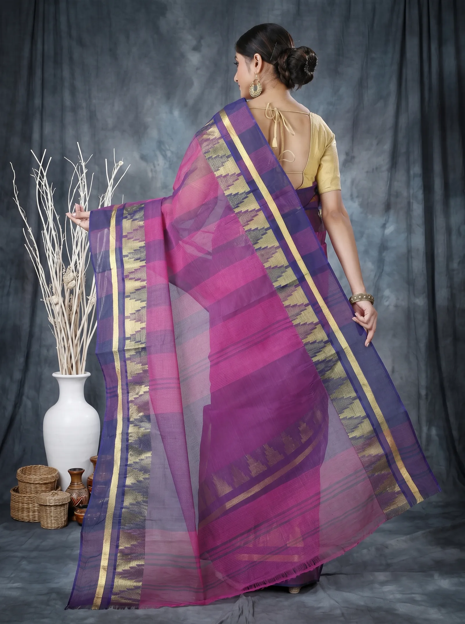 DipDiya Pure Cotton  Traditional Bengali Purple Artisan Crafted Vrinda Tant Saree
